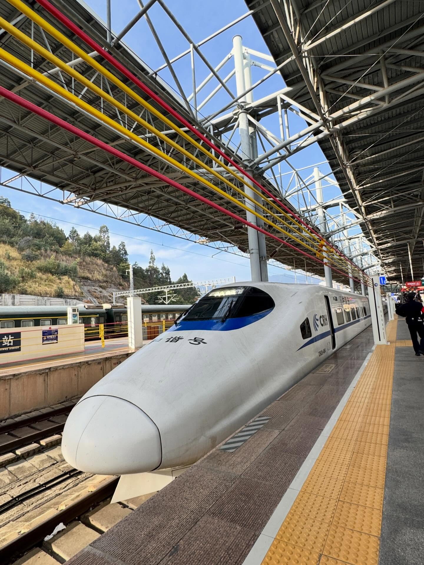 The bullet train to Kunming. Positioning to take a big leap closer to the Vietnam border.
Train station is huge, immaculate and high tech. The only good place open early is McDonald’s. Not even sorry. The train barely registers movement as we cover 200 miles in 2 hours.
Kunming acts as a staging post on our journey. Not really a tourist hot spot. Our hotel is a hellscape at reception as it serves as a convention centre with lots of visitors, 23 floors, 5 lifts out of sync and going in random orders and directions.
After taking 10 minutes to try and get to the fifth floor for the loo, we abandon and regroup in a local restaurant for ‘pee ju bing’ (cold beer).
We are close to The Tropic of Cancer and it’s finally warm enough for sandals and shorts. I can retire the top layers of clothes I’ve been wearing for the past week.
Later, we attempt to reach rooms on 19th floor but lift stops at 18 and takes us back down to ground floor. When we finally get into our rooms we are surprised that they are delightful.
Head out on a trip to a huge flower market then stumble on a wine bar near Green Lake. The Clumsy Bird. They named it in my honour it seems. Nice to watch the world go by. And the staff are so surprised to see 3 westerners that they give us free cheesecake.
Ride back to our hotel in a DiDi (Chinese Uber) and the 20 min ride is £1.20.
Finally find some wine. Or rather our guide used an app to have it delivered to dinner.