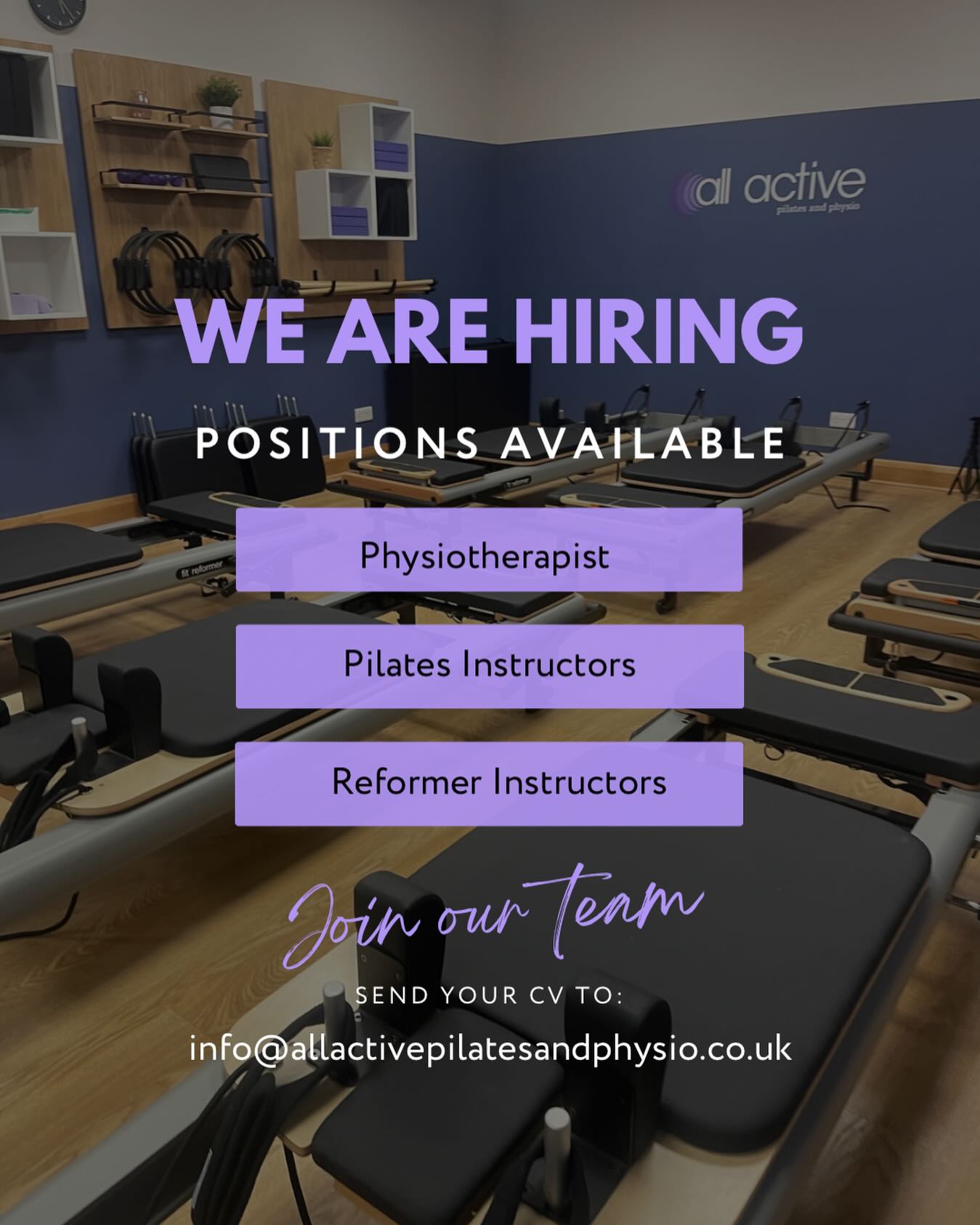 ✨ We’re Hiring at All Active Pilates & Physio ✨
We’re growing and looking for Physiotherapists, Pilates Instructors & Reformer Instructors to join our team across Lisburn, Hillsborough & Dromore.
At All Active, we combine hands-on physio with rehab-focused Pilates and small group Reformer classes - helping our clients move better and feel better every day.
What we offer:
✔️ Flexible part-time hours
✔️ Competitive pay
✔️ Full admin support
✔️ Varied MSK caseload
✔️ Training support
✔️ Supportive, experienced team
We’re looking for:
✔️ Passionate, motivated individuals
✔️ Team players who care about client outcomes
✔️ Physios with 2+ years MSK experience (preferred)
📍 Roles available across all locations
📩 DM us or email info@allactivepilatesandphysio.co.uk to apply or find out more
Come be part of a team that truly values quality care and long-term results