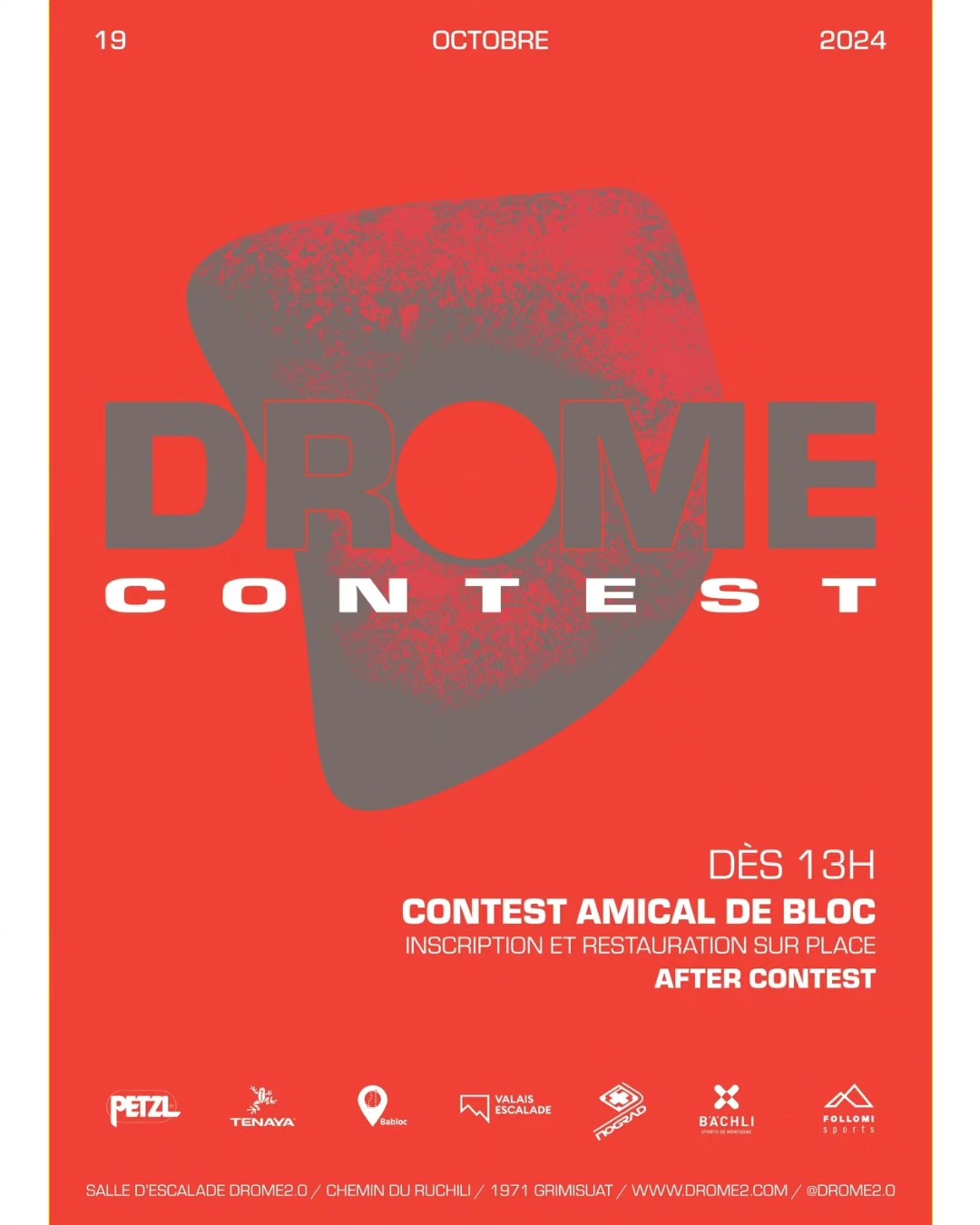 🔥Drome Contest 2024🔥
La nouvelle édition du Contest amical de bloc du Drome approche à grand pas...
Le programme détaillé en deuxième page de ce post.
Ramène tes potes 🥳
🕐 Quand : le 19 octobre 2024 dès 13h
🗺 Où : Chemin du Ruchili 1971 Grimisuat
🧗♂️ Quoi : Un Contest amical, de la restauration, un after et le tout dans une ambiance de feu 💥
Alors ? Tu viens ?