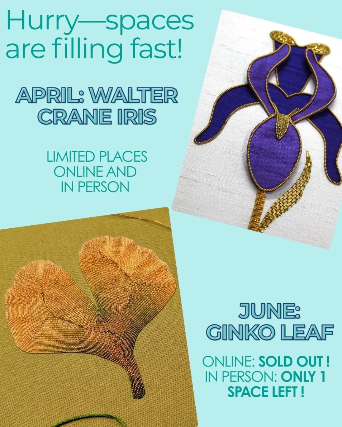 JUST ONE GINKO LEAF CLASS SPACE LEFT !!
Thank you!! I can't wait to teach the Ginko Leaf, it's such a beautiful piece, photos really don't do it justice.
The Iris class is starting to book up now as well so be quick if you've been thinking about doing this one as I don't know when it'll be back...due to the price of gold being sky high!
#goldworkembroidery
#ornue
#iris #ginkoleaves #embroideryclass #embroiderylove