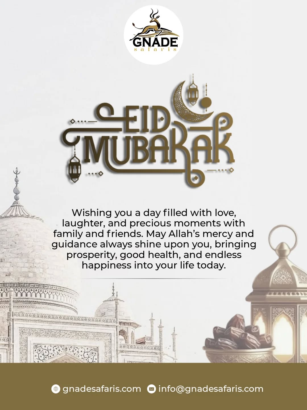 🌙✨ Eid Mubarak from Gnade Safaris ✨🌙
Wishing all our friends, travelers, and partners around the world a joyful and blessed Eid al-Fitr.
May this special day bring peace, happiness, good health, and many new journeys filled with adventure and unforgettable memories.
From all of us at Gnade Safaris, thank you for being part of our safari family. We look forward to welcoming you to Tanzania for amazing safari experiences and beautiful holidays.
🌍 www.gnadesafaris.com
📧 info@gnadesafaris.com
📱 WhatsApp +255793832959
#EidMubarak #Eid2026 #GnadeSafaris #TanzaniaSafari #TravelAfrica BlessedEid 🌙🐘✨