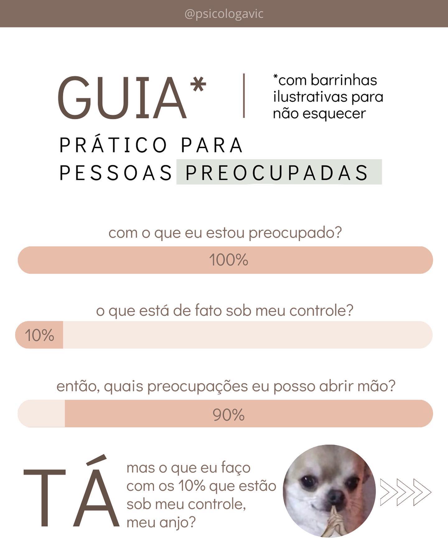 Se preocupar diante de uma questão que surge na vida é normal e, inclusive, saudável, porque é isso que nos faz tomar atitudes com prudência e cautela para que a situação se resolva da melhor forma possível. Em outras palavras, a preocupação tem a função de nos ajudar a navegar através do problema de forma a proteger o máximo possível a integridade do alvo do problema.
No entanto, com frequência, as pessoas tendem a se preocupar, se delongar e a se doerem com coisas que estão fora do seu controle, que dependem do outro - ou até mesmo que nem aconteceram ainda -, despendendo uma energia psíquica, emocional e comportamental valiosa que poderia ser depositada nas coisas que realmente dependem do indivíduo. Ou seja, nas coisas que realmente apresentam potencial de mudança e alívio.
Aqui, ilustrei uma estratégia prática de como organizar a sua mente diante de um desafio, para que você mantenha seu foco nas questões que de fato se beneficiaram da sua preocupação! Como a vida não dá trégua, não perde tempo e já experimenta!