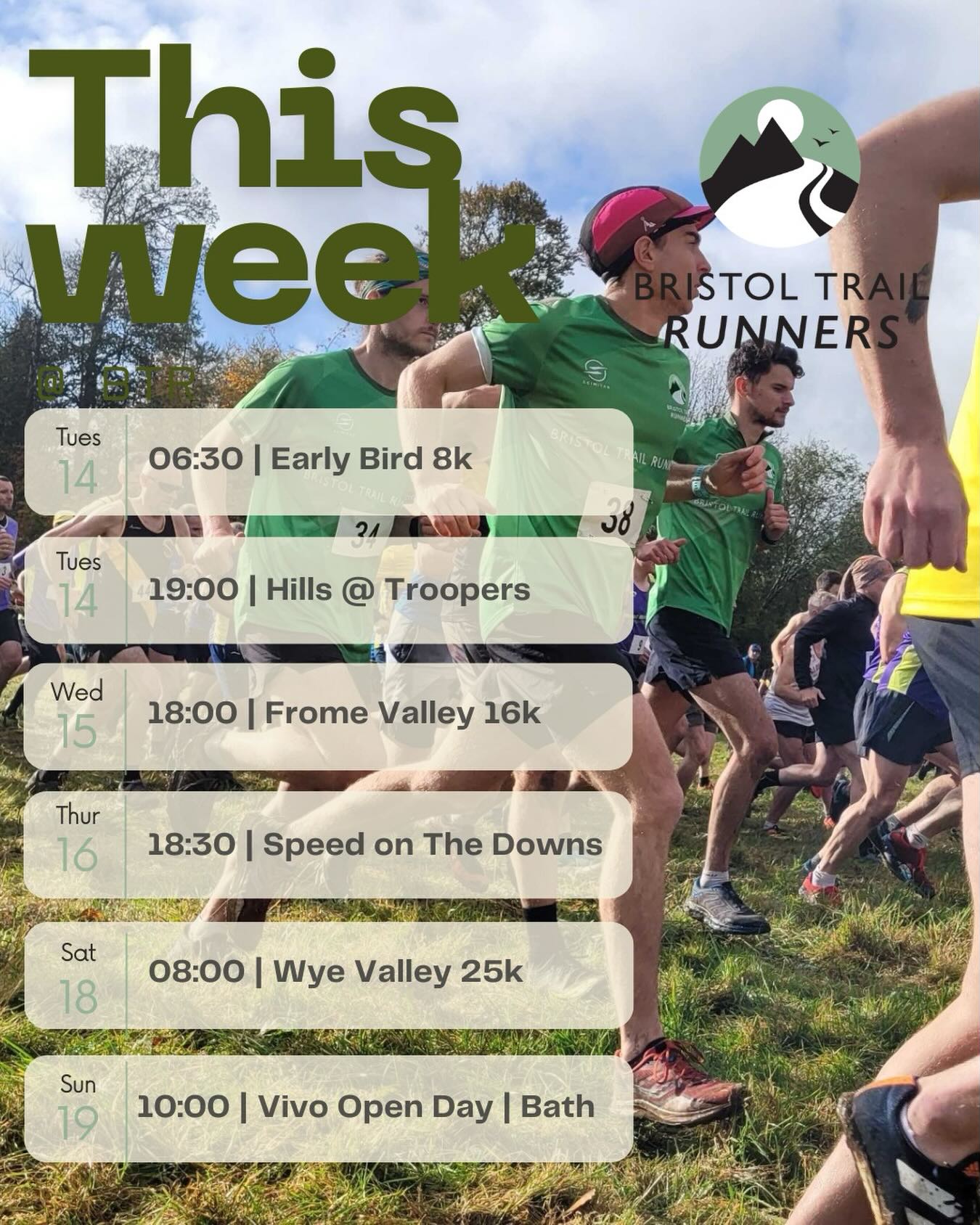 What’s happening this week 👇
🌅 Tues 14 April – 06:30 | Early Bird 8K
Up early, shake the legs out, and get a few miles in before the day kicks off.
🔥 Tues 14 April – 19:00 | Hills at Troopers Hill
Back to Troopers. Short efforts up, jog back down, repeat. You’ll feel it, but you’ll get stronger for it.
🌿 Weds 15 April – 18:00 | Frome Valley 16K
Longer midweek run through the valley. Nothing frantic, just steady miles and plenty of regrouping.
💨 Thurs 16 April – 18:30 | Speed & Technique (The Downs)
A mix of drills and efforts to help you move better and run smoother. Then straight to the pub after.
🏔️ Sat 18 April – 08:00 | Wye Valley 25K
One of those routes that’s got a bit of everything. Climbs to wake you up, views to distract you, and some really nice runnable sections in between.
🦶Sun 19 April – Vivobarefoot Community Day | Charlcombe Inn, Bath
5K walk, 5K run or 10K run — all guided, all social, open to everyone. Good chance to get involved and meet a few new faces.
Not part of the crew yet?
Start your free 7-day trial and come along. Link in bio.