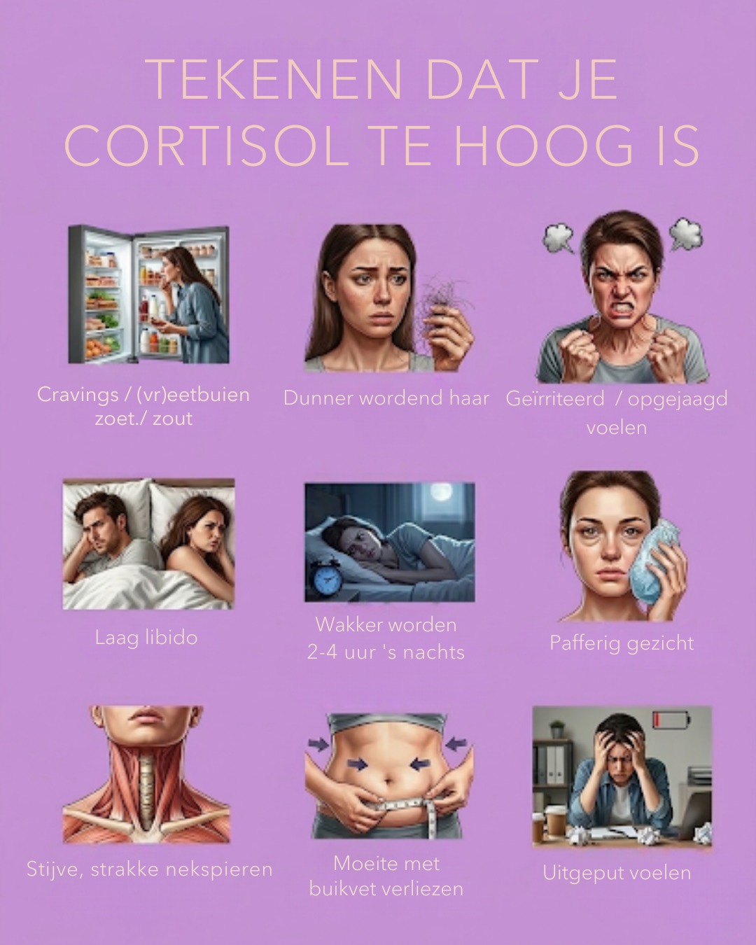 Sta jij altijd ‘aan’?
Grote kans dat je cortisol te hoog is.
Cortisol verlagen klinkt simpel, maar hier gaat het vaak mis:
Veel mensen zoeken “snelle hacks”, terwijl cortisol vooral reageert op je totale leefstijl, voeding en stressbelasting.
Alle klachten hierboven in de afbeelding gebeuren vaak sluipend.
Je denkt dat je “gewoon druk” bent.
Dat het erbij hoort, omdat je ouder wordt.
Maar je lichaam staat eigenlijk continu in de aan-stand als je cortisol hoog is.
Vooral in de perimenopauze wordt dit merkbaar.
Je hormonale buffer wordt kleiner.
Stress komt harder binnen en je kunt minder hebben. (daling geslachtshormonen)
De echte vraag is niet: hoe vermijd ik stress?
Maar: hoe help ik mijn lichaam cortisol te reguleren?
Hier zijn 5 tips die wel werken (simpel en toepasbaar):
1. Begin je dag zonder stressprikkels
Direct op je telefoon = cortisolpiek
Wacht 30–60 minuten met schermen
→ Start de dag rustig: vang het ochtendlicht, beweging, ademhaling
2. Stabiliseer je bloedsuiker
Bloedsuikerschommelingen = stress voor je lichaam → ↑ cortisol
Eet bij elke maaltijd:
-eiwitten
-vetten
-vezels
Vermijd:
snelle koolhydraten (zoals een ontbijt met alleen brood of veel suiker)
3. Beweeg, maar niet te intens
Te zware training kan cortisol juist verhogen
Beste opties:
-wandelen
-krachttraining (matig)
-yoga
Vooral wandelen wordt onderschat:
Het doet soms meer voor vetverlies dan intensief sporten, omdat je lichaam dan minder stress ervaart.
4. Adem laag en rustig
Veel mensen ademen hoog (borstademhaling) → stresssignaal
Simpel:
4 seconden in
6 seconden uit, via je neus
→ Dit kalmeert je zenuwstelsel direct
(en je ademhaling heb je altijd bij je)
5. Slaap = je belangrijkste reset (7-8 uur)
Slechte slaap = chronisch hoog cortisol
Basis:
-vaste bedtijd en slaaproutine
-zo donker mogelijk slapen
-geen schermen vlak voor het slapengaan
Belangrijke nuance
Cortisol is zeker niet “slecht”.
Je hebt het nodig om ’s ochtends wakker te worden, te focussen, energie te hebben en te reageren op stress.
Herken jij dit?
Dan is dit je signaal om het anders aan te pakken.
💬 Reageer met RUST als je voelt dat jouw lichaam ook op standje "overleven" staat!