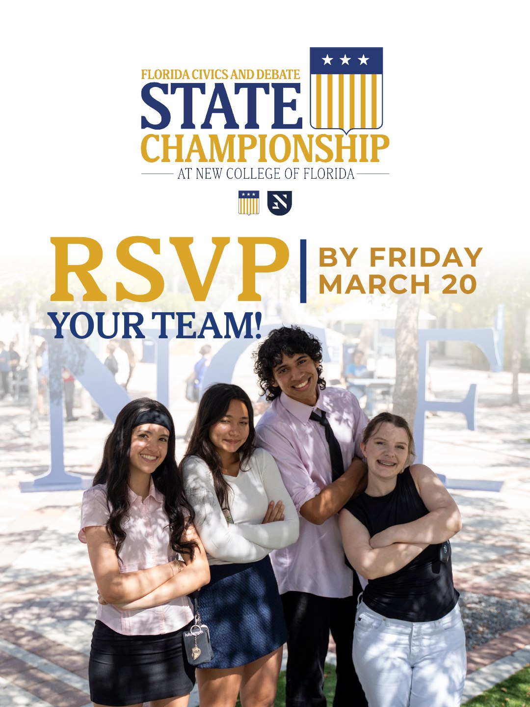 📣 Attention Coaches! The deadline to RSVP your team for the State Championship is March 20th. If you've already been notified which students have qualified, now is the time to lock in your spot! We can't wait to see everyone at New College of Florida, April 18–19. 🎉