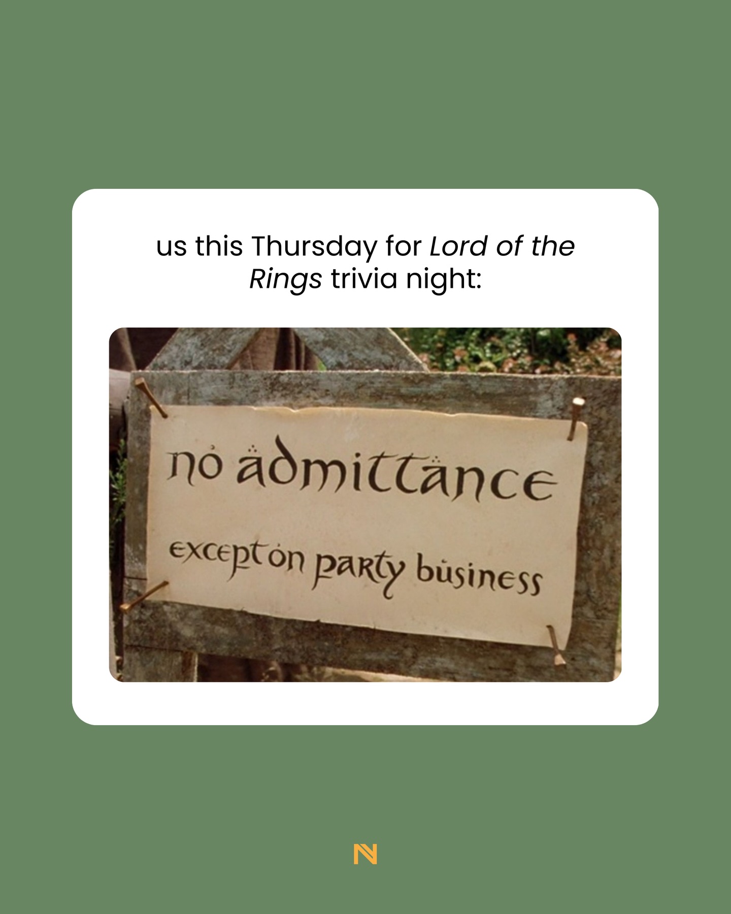 Fly, you fools — Lord of the Rings trivia night is coming to Nomadic 🧙🏻♂️🔥
This Thursday, grab your fellowship and join us and @get.it.games for a trivia night set in Middle-Earth. 📜🧝🏻♀️🗡️🌿
Compete for prizes (not the One Ring, sorry) and the highest of bragging rights. We’ll have all the panini sandos you can eat for luncheon, afternoon tea, dinner AND supper, plus all the delicious ale you can drink to wash ‘em down 🍽️🍺
Ready? Let’s hunt some orc ⚔️🌋🔥
📅: Thursday, 3/19 from 7-9pm, sign ups at 6:30pm
Can’t wait to see y’all there 🍻