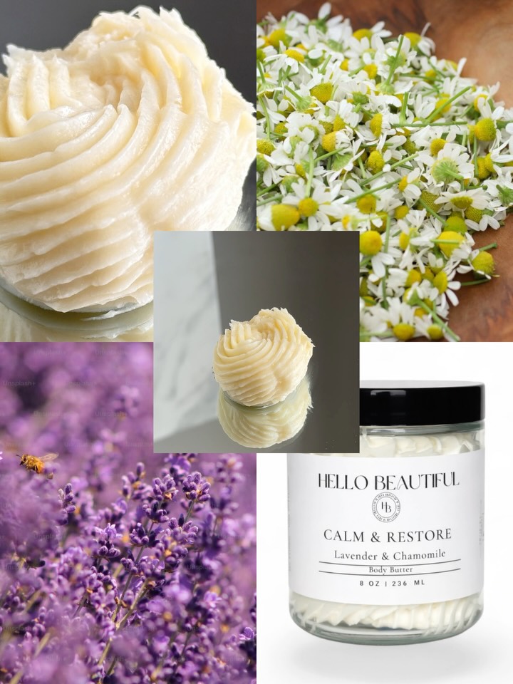 Our Calm & Restore System—Lavender & Chamomile Collection is the best way to care for your sensitive skin and yourself! Our system is available on our website which is linked in the bio. #bodycareproducts #whippedbodybutter #skincareroutine