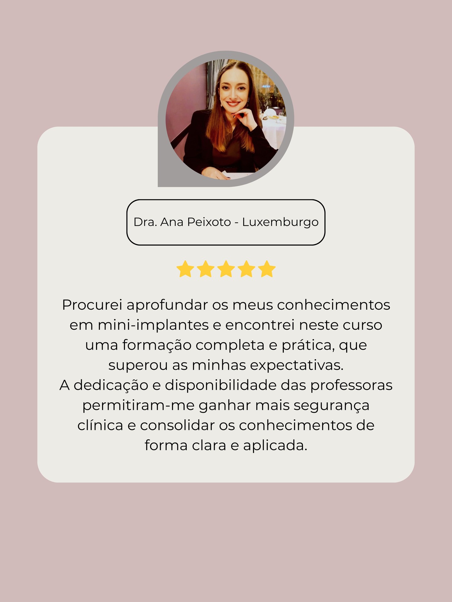💬 “Uma formação completa, prática e esclarecedora.”
A Dra. Ana procurava aprofundar os seus conhecimentos em mini-implantes — e encontrou neste curso exatamente o que faltava: estrutura, clareza e aplicação clínica real.
Com o apoio próximo das formadoras, conseguiu consolidar conhecimentos, ganhar segurança e evoluir na sua prática ortodôntica.
É este o objetivo do Mini-implantes e MARPE Sem Segredos: transformar conhecimento em confiança clínica.
Obrigada Ana pela confiança 🤍
Se também queres dar este passo na tua prática, junta-te a nós.
👉 Inscrições no link da bio.