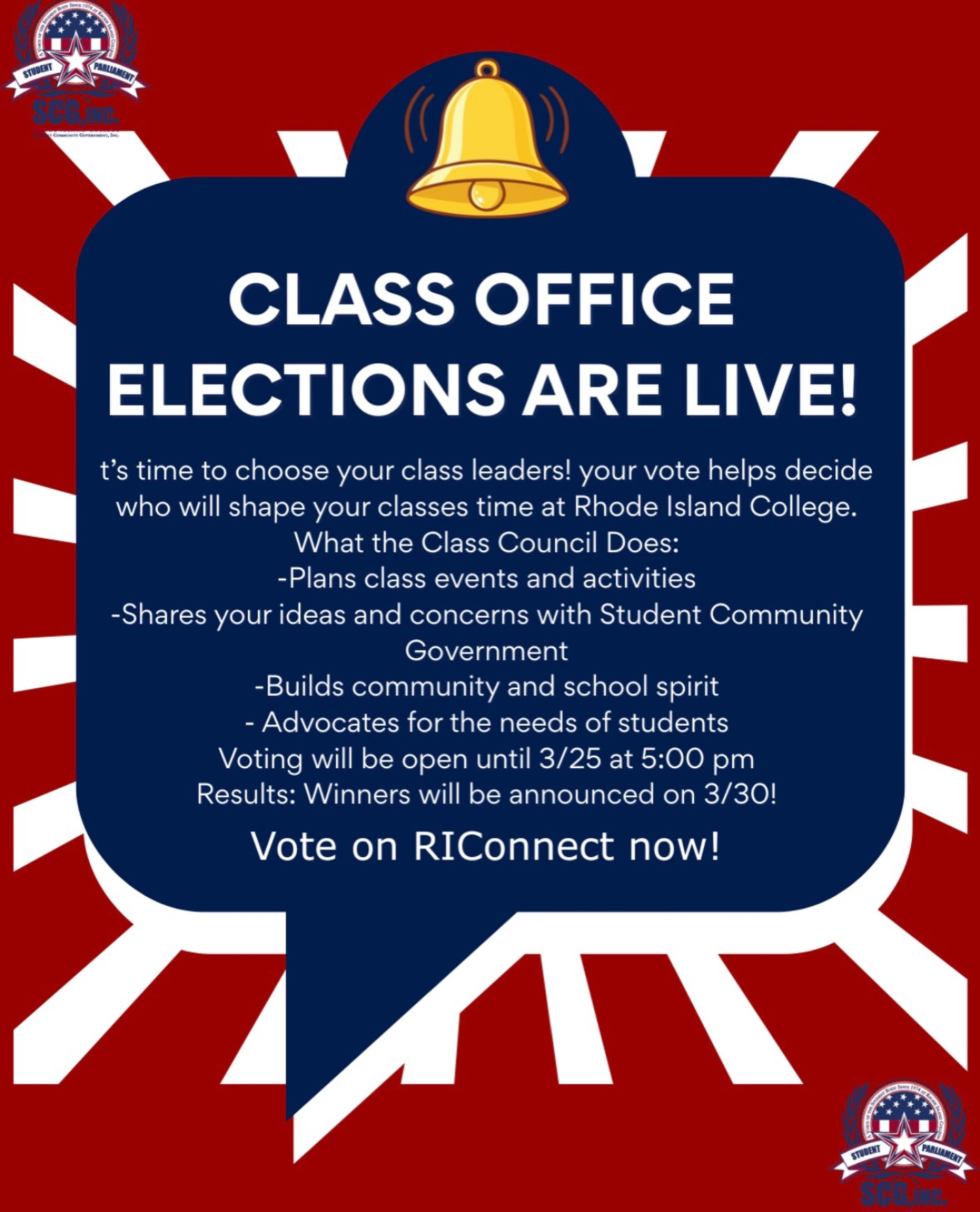 TIME FOR TO VOTE!
Go om RIConnect and vote for your class officers!