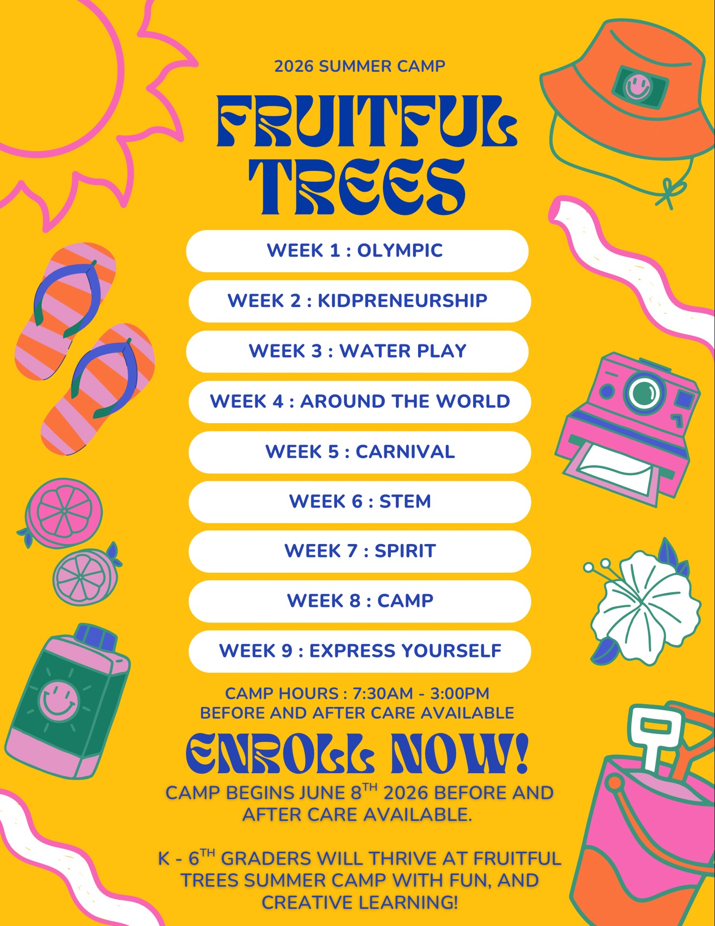 ☀️✨ ENROLLMENT NOW OPEN – FRUITFUL TREES SUMMER CAMP 2026! ✨☀️
Get ready for a summer your child will never forget 🌈🌳
At Fruitful Trees Summer Camp, every week is a brand-new adventure designed to keep kids engaged, active, and excited to learn:
🏅 Olympic Week
💼 Kidpreneurship
💦 Water Play
🌍 Around the World
🎡 Carnival
🔬 STEM
🎉 Spirit Week
🏕 Camp Fun
🎨 Express Yourself
From creativity and confidence to teamwork and life skills, your child won’t just be having fun—they’ll be growing, building, and thriving every single day 💛
⏰ Camp Hours: 7:30 AM – 3:00 PM
✨ Before & After Care Available
📅 Camp Begins June 8, 2026
🎒 K–6th Grade
Spots are LIMITED and will fill quickly—don’t wait!
👉 Secure your child’s spot today and give them a summer full of fun, friendship, and unforgettable learning experiences
📍 Fruitful Trees Summer Camp
📞 Call today to enroll!
#FruitfulTrees #SummerCamp2026 #KidsSummerFun #EnrollNow #LearningThroughPlay ConfidentKids GahannaOhio