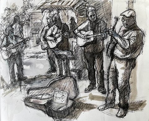 We had a great time busking at Hexham market on Saturday. Here are some brilliant drawings of the band by the excellent local artist ©️Dave Barden, thanks Dave!