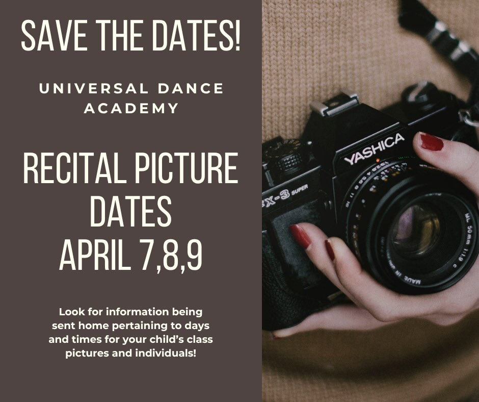 SAVE THE DATES!!!
Recital Picture Week is April 7,8,9! Costumes will be distributed the week of March 23-27. More information will also be sent home with your class day and times! Stay tuned…