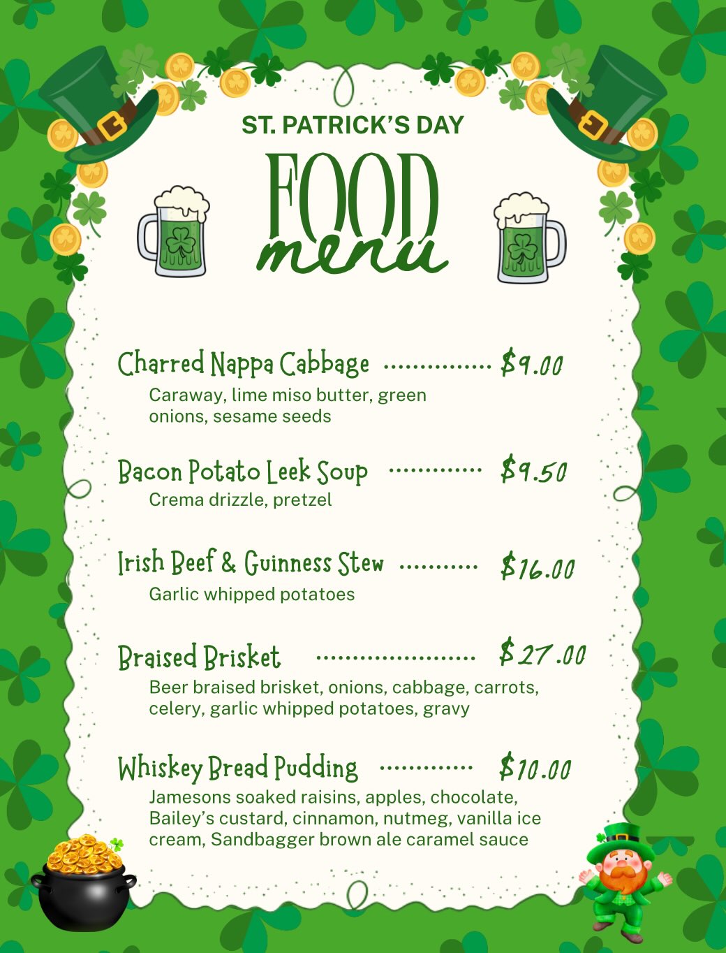 🍀 St. Paddy’s Day is HERE! 🍀
Join us for all-day Irish eats & drink specials you won’t want to miss 🇮🇪🍻
Good vibes, great food, and a little luck of the Irish—what more do you need?
We’re open until 11pm… so come celebrate with us! 💚