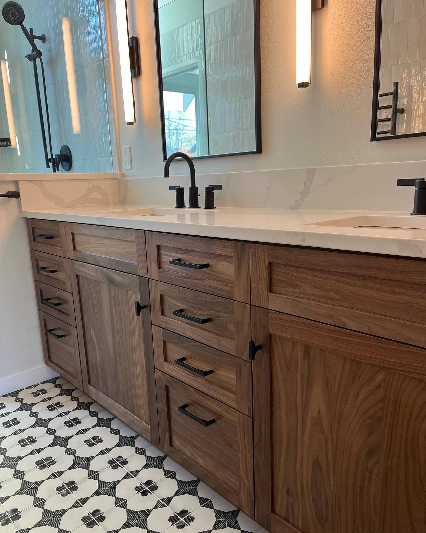 Beautiful craftsmanship in these custom walnut cabinets.
#primarybathroom #seattlecontactors #walnutcabinets #smallbusiness