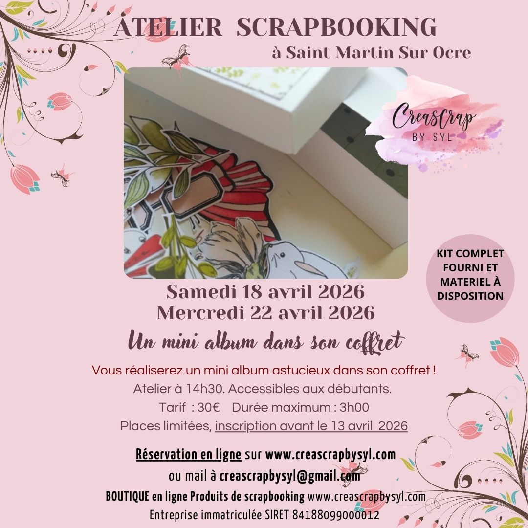 Atelier Avril 🌸
Cette fois-ci deux dates 📋 au choix pour le même projet.
Vous avez un petit aperçu sur le panneau du projet que je commence déjà à vous concocter.
Le thème pourra être varié, nature, oiseaux, balade...
Ce mini mini pourra contenir 10 photos format paysage.
Vous utiliserez les feutres Promarkers... et la Fuse... (quesako ???) surprise pour celles qui ne connaissent pas....
Mes ateliers :
🩷Places limitées à 6 personnes (à mon domicile)
🩷De nouvelles astuces à chaque fois
🩷Créativité et convivialité
🩷Vous repartez avec votre projet terminé
🩷Un prix mini pour plus de 2h30 de prestation avec de jolis kits pour créer de A à Z votre projet
A vos inscriptions jusqu'au 13 avril 2026.
Sylvie 🌸
#creascrapbysyl #scrap #atelierscreatifs #scrap #nature #scrapbook #diy #créativitésanslimites #loiret #saintmartinsurocre