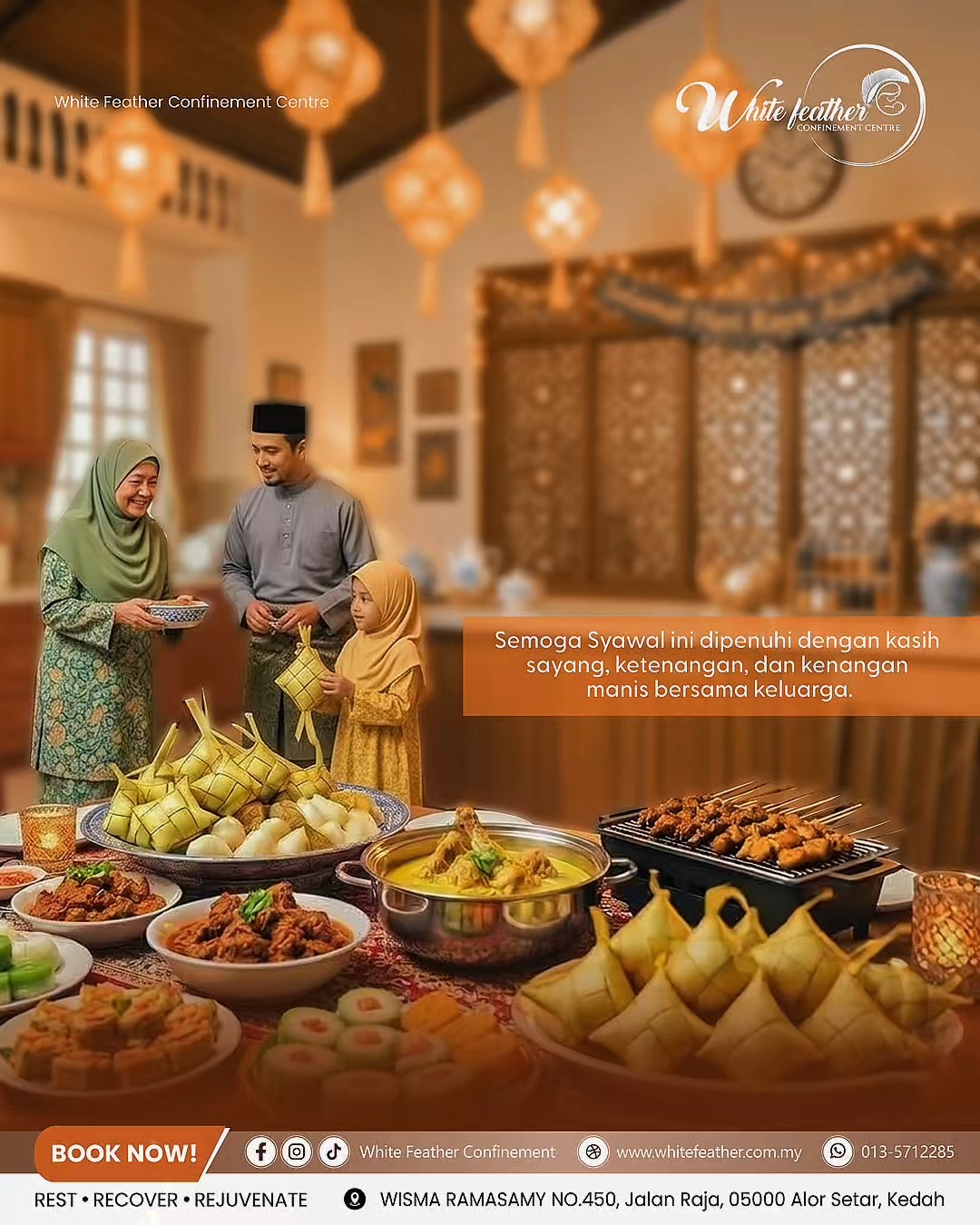 🌙✨ Selamat Hari Raya Aidilfitri ✨🌙
Di kesempatan yang mulia ini, kami ingin mengucapkan Selamat Hari Raya Aidilfitri kepada semua yang menyambutnya. Semoga Syawal yang tiba membawa kegembiraan, keberkatan, dan mengeratkan lagi hubungan sesama keluarga dan sahabat handai.
Maaf zahir dan batin atas segala kekhilafan. Semoga hari raya kali ini dipenuhi dengan senyuman, kasih sayang, dan kenangan indah bersama insan tersayang. 💛
Selamat Hari Raya! 🎉
#SalamAidilfitri2026
#KemeriahanSyawal
#SyawalMulia
#ConfinementAlorSetar
#WhiteFeatherConfinementCentre