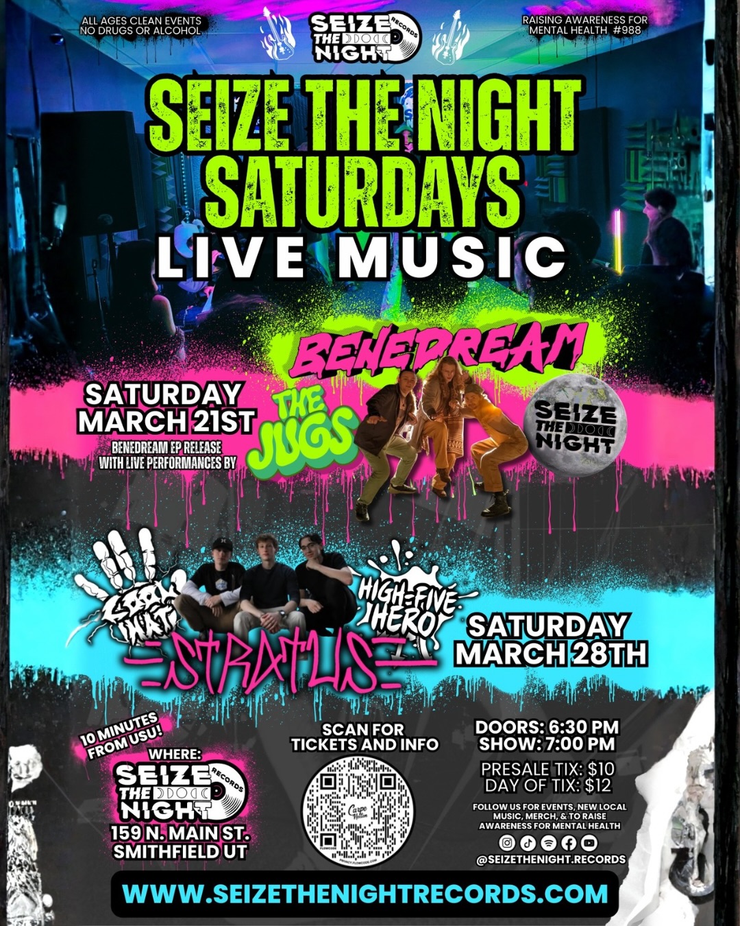 ✨ SEIZE THE NIGHT SATURDAYS ✨
Two stacked nights of live music you don’t want to miss…
📅 March 21st — BeneDream EP Release
Featuring live performances by Benedream, The Jugs, and Seize The Night!
📅 March 28th — Another full lineup bringing the energy with
Stratus • High Five Hero • Cool Hat
📍 159 N Main St, Smithfield, UT
⏰ Doors 6:30 PM | Show 7:00 PM
🎟️ Presale $10 | Day of $12
All ages. Clean events. No drugs or alcohol.
Raising awareness for mental health. A portion of proceeds also go to our nonprofit, Seize The Stage, to give kids on the autism spectrum music lesson scholarships!
Come support local music, discover new artists, and be part of something bigger.
🎫 Grab tickets & info: www.seizethenightrecords.com
#seizethenight #livemusicutah #localmusicscene #utahevents #supportlocalartists