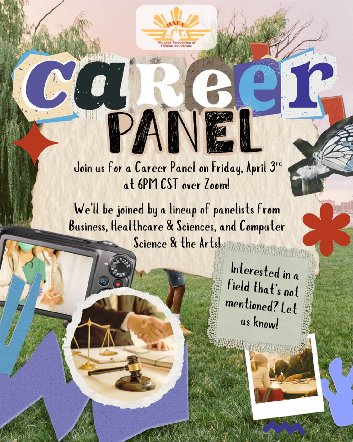 It’s happening! Join us on Friday, April 3rd at 6:00PM!
MAFA is hosting a Virtual Career Panel for anyone who’s curious, motivated, or just career-curious in general. Whether you have a plan already or you’re still figuring it out one step at a time, this space is for you!
Fill out the interest form (also linked in our bio in the LinkTree) to help us tailor the panel to your goals, questions, and dream paths! See you there~