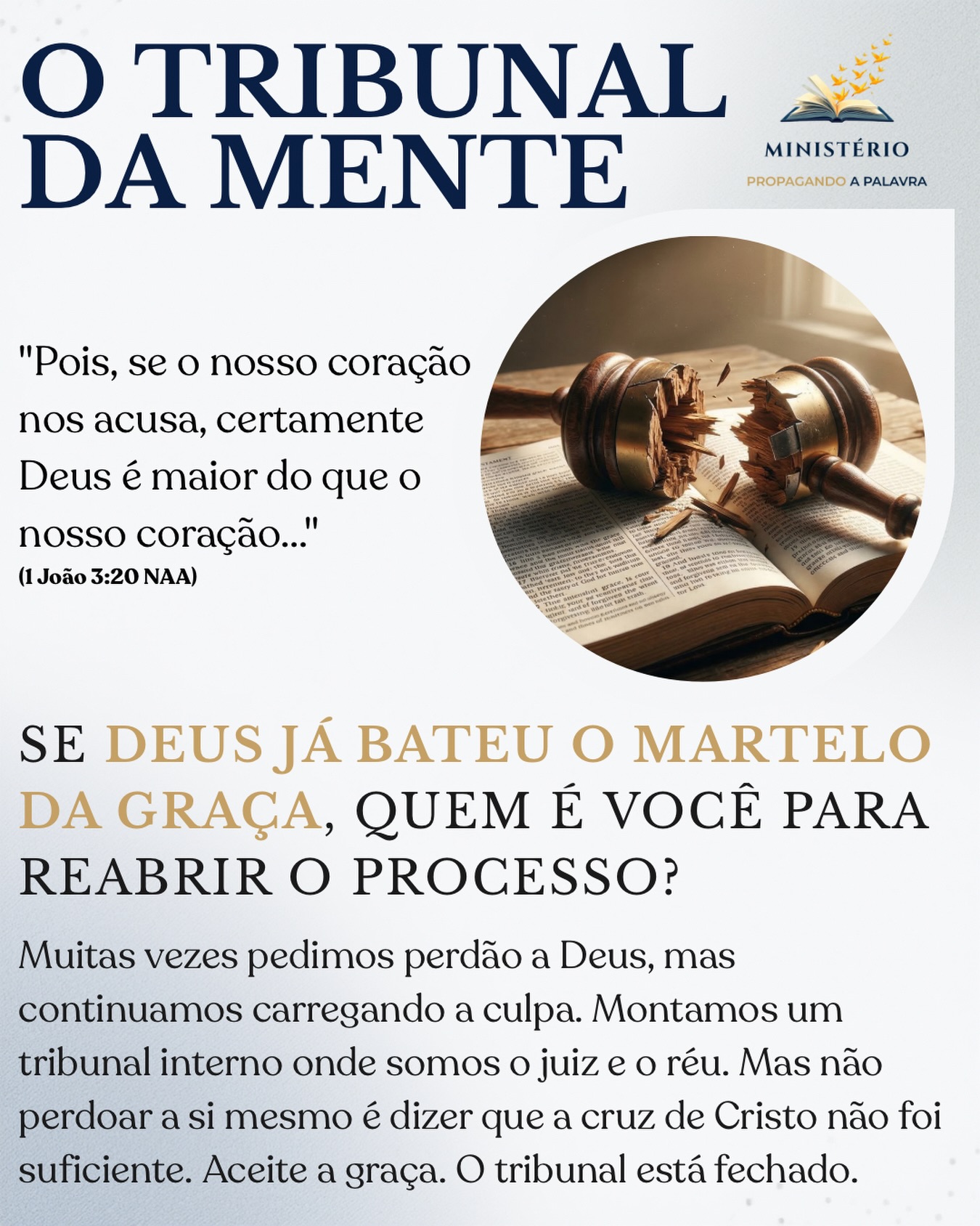 Se Deus já bateu o martelo da graça, quem é você para reabrir o processo? ⚖️🔨💔✨
Meu irmão, você já viveu a angústia de confessar o seu erro a Deus, chorar amargamente e, ao se levantar, perceber que a culpa continuava sentada no seu ombro?
O inimigo de nossas almas é um acusador implacável. Ele ama usar a nossa própria memória como um tribunal particular, onde nós somos, ao mesmo tempo, o juiz severo e o réu condenado. Montamos um tribunal interno que nos adoece.
No entanto, 1 João 3:20 garante: “se o nosso coração nos acusa, certamente Deus é maior do que o nosso coração”. Recusar o perdão a si mesmo é um orgulho espiritual disfarçado. É dizer que o seu padrão de justiça é maior que o sacrifício de Jesus na cruz.
Se o Criador do universo decidiu não se lembrar mais das suas transgressões, você também tem a permissão divina para soltar essa bagagem. Alinhe o seu veredito pessoal com o veredito do céu. Descanse o martelo. A graça venceu. O tribunal está fechado.
Essa mensagem falou com você? 🌍 Comente abaixo e compartilhe com alguém que precisa saber que não está sozinho. Aprofunde sua jornada de fé com meus livros. Clique aqui: https://www.propagandoapalavra.com.br/livros
#RedescobrindoAGraca #PerdaoASiMesmo #GracaDeDeus #PazInterior #PastorFlavioMacieira