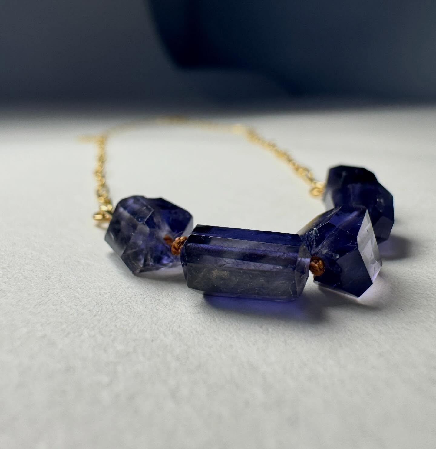 Iolite necklace. Hand-knotted silk. 14kt gold fill chain. 3 available.