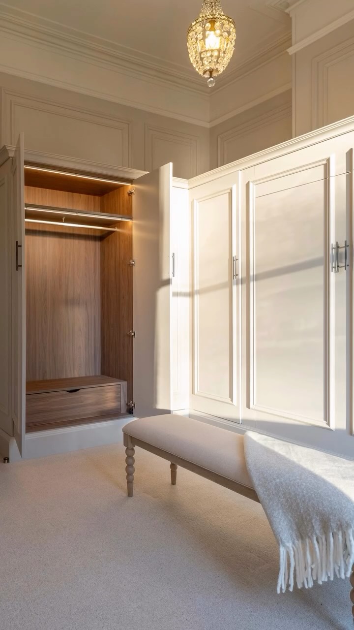 A multifunctional timeless dressing room / spare bedroom for our Manor House project. Behind the wardrobes, a concealed Murphy bed is ready for the occasional guest.
We added panelling across the walls to tie in with the adjoining room, reflecting the detailing on the wardrobes so the joinery feels quietly built in rather than added later.
The chandelier brings a little theatre to the room too - and when the sun catches it, the light scatters across the walls like its own small glitter ball 🪩
Interior Design @vivusinteriors
Wardrobes / Murphy Bed @superiorbespoke
Main contractor @acorn_designandbuild
Artwork @lynnyoungart
manor house | period property | dressing room | bespoke joinery | bespoke wardrobes | panelled interiors | concealed murphy bed | hidden guest room | architectural joinery | considered design