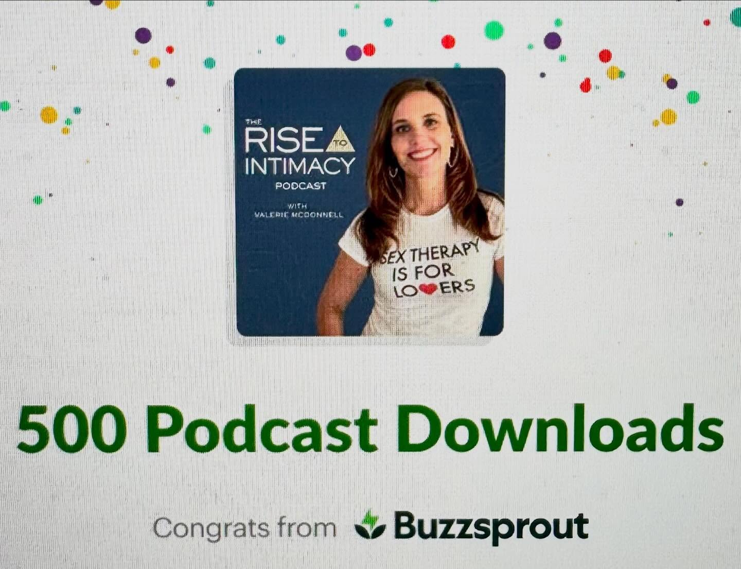 My podcast launched on January 27th this year and while I’ve thoroughly enjoyed the process, it’s also scary putting yourself out there.
Today, I received this notification that it’s received 500 downloads and I’m beyond grateful to everyone who’s supported me and taken their time to listen and learn alongside me.
Special shoutout to my producer Stacey @uncommonlymore for all her help!
I couldn’t have done this without her support.
If you’d like to take a listen, The RISE to Intimacy podcast can be found on Apple, Spotify, or your favorite listening platform.
#risetointimacy #sextherapy #couplescounseling #rvatherapist #podcastshow
