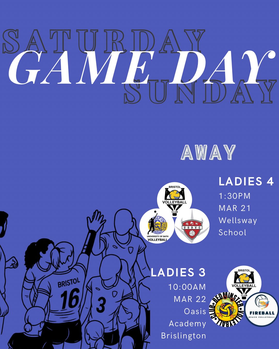 💛 Game Day 💙
Another big weekend ahead for BVC 💪 A full set of triangle away games coming up, with teams hitting the road and ready to bring the energy wherever they go!
🏐 Away
📅 Saturday 21/03
Ladies 4 – B&D League
🏐 Away
📅 Sunday 22/03
Ladies 3 – SW League
🏐 Away
📅 Sunday 22/03
Mens 3 – SW League
🏐 Away
📅 Sunday 22/03
U18 Boys – SW League
Big day of volleyball across the board, let’s keep the energy high, back each other, and bring home some strong results. Good luck to all our teams! 💛💙
.
.
.
#WeAreBVC #BristolVolleyballClub #BVCGameDay #NVL #VolleyballEngland