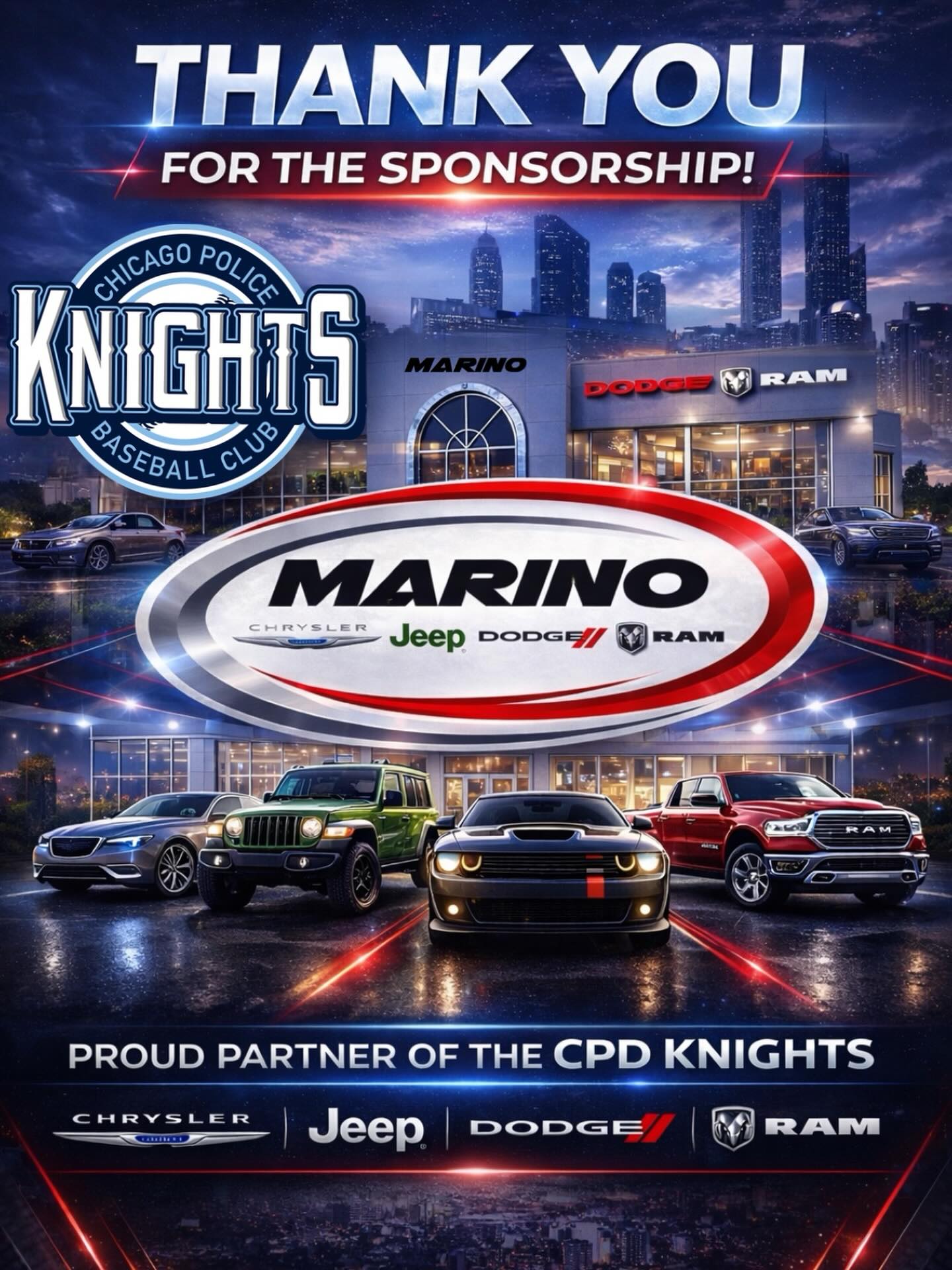 Welcome to the CPD Knights Family, Marino Chrysler, Jeep, Dodge and Ram! 💙⚾️
We’re proud to have you on our side and truly appreciate your continued support of first responders and the communities we serve.
If you’re in the market for a new or used Chrysler, Jeep, Dodge, or Ram, be sure to check out the Marino sales team at:
5133 W Irving Park Rd, Chicago, IL 60641
Partnerships like this mean everything, on and off the field.
Thank you for standing with us. 💪🏼
#BiggerThanBaseball #CPDKnights #Marino #Teamwork