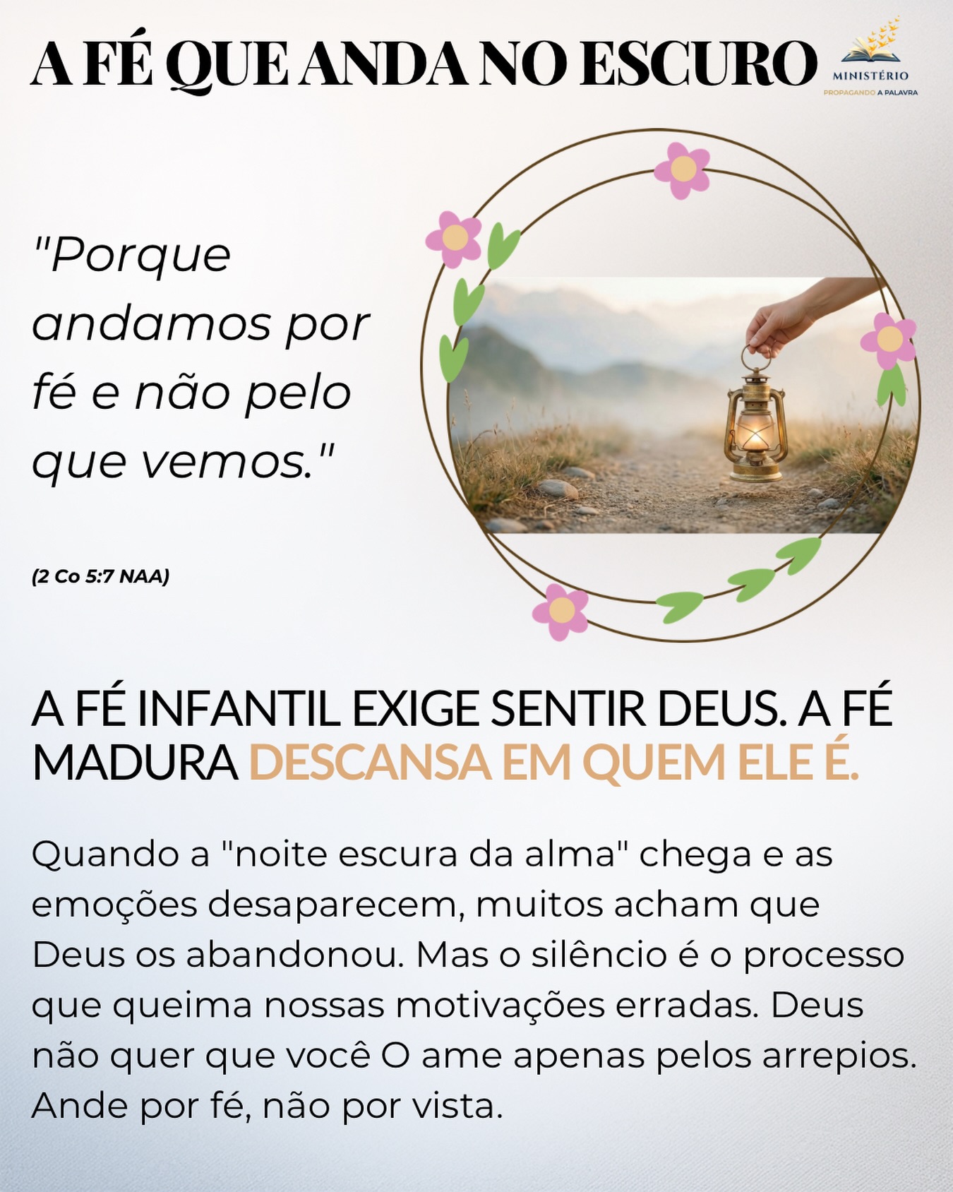 A fé infantil exige sentir Deus. A fé madura descansa em quem Ele é. ✨🕊️📖🔨💡
Meu irmão, você já viveu aquela fase da caminhada cristã onde tudo era emoção e arrepios, mas de repente o céu parecia fechar as portas? As orações que antes eram respondidas na hora agora parecem bater no teto. Esse período é conhecido como “a noite escura da alma”. Muitos cristãos entram em pânico e acham que perderam a salvação, mas a verdade é que o Senhor está nos colocando no chão para aprendermos a andar sozinhos.
A fé madura não depende do que nós sentimos, mas da nossa convicção naquilo que não vemos: “Porque andamos por fé e não pelo que vemos” (2 Coríntios 5:7 NAA). Quando você não consegue sentir a presença de Deus ou ver a Sua mão agindo, o seu desespero não deve ditar o seu comportamento. A bússola nessa hora precisa ser a Palavra de Deus.
O segredo para confiar em Deus no silêncio é alinhar o seu coração com a cruz de Cristo, o momento de maior silêncio na história. O Calvário garantiu a nossa salvação, mesmo que os seus olhos não vejam e o seu coração não sinta, o Senhor continua sendo bom, soberano e fiel. Caminhe no escuro segurando a mão de um Deus que enxerga perfeitamente na escuridão. A sua fé está em qual fase: infantil ou madura?
Essa mensagem falou com você? 🌍 Comente abaixo e compartilhe com alguém que precisa saber que não está sozinho. Aprofunde sua jornada de fé com meus livros. Clique aqui: https://www.propagandoapalavra.com.br/livros
#QuandoDeusPareceSilencioso #SilencioDeDeus #FeNoEscuro #ConfiancaEmDeus #PastorFlavioMacieira