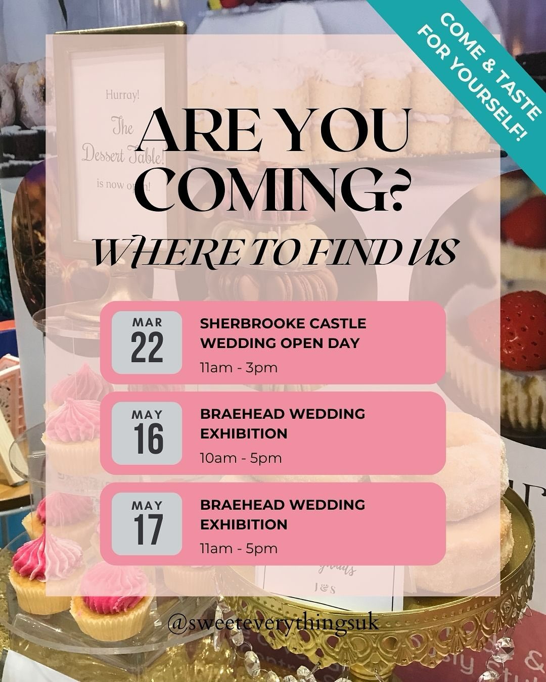 THIS WEEKEND! ✨ Can you believe that March is nearly OVER? I Here’s where you can find Sweet Everythings in the next wee while at these amazing Wedding Open Days & Events👇🏼
Join us at our stand to explore our gorgeous buttercream wedding cake and dessert table range. Enjoy cake tastings and samples, see our brand new dessert towers and browse through all the options in our wedding brochure. Plus, don’t miss your chance to enter our competition for a free wedding macarons!
🍰 Sherbrooke Castle Hotel Wedding Open Day - Sunday 22 March, 11am - 3pm
📍 You’ll find us at @sherbrookecastlehotel , 11 Sherbrooke Avenue, Pollokshields, G41 4PG
🍰 Braehead Wedding Exhibition - Saturday 16 May, 10am - 4pm, and Sunday, 17 May, 11am - 5pm
📍 You’ll find us at @braeheadweddina, Braehead Arena, King’s Inch Road, Glasgow, G51 4BN
🎟️ Grab your tickets here: https://www.braeheadweddingexhibition.co.uk/ 👈
Let’s chat about your dream wedding! Can’t wait to see you there!
📍Glasgow Weddings • Edinburgh Weddings • Wedding Dessert Table • Buttercream Wedding Cake • Scottish Weddings • Modern Wedding Cakes • Scottish Wedding Venue • Wedding Macarons • Wedding Doughnuts