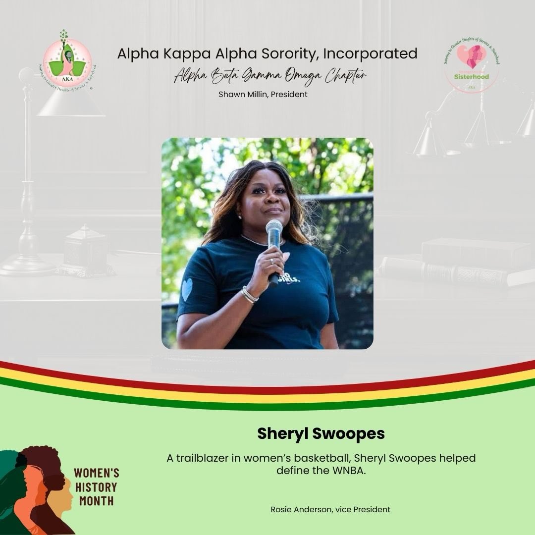 🌸 Women’s History Month Spotlight 🌸
Today we celebrate the legendary Sheryl Swoopes.
A true pioneer in women’s basketball, Sheryl Swoopes was one of the first players signed to the WNBA and quickly became one of its brightest stars. A three-time WNBA MVP and Olympic gold medalist, she helped elevate the game and pave the way for future generations of women athletes.
Her excellence, resilience, and leadership on and off the court have left a lasting legacy in sports history.
✨ Champion. Trailblazer. Game Changer.
#WomensHistoryMonth #AKA1908 #BlackWomenInSports #WomenWhoLead #WNBA