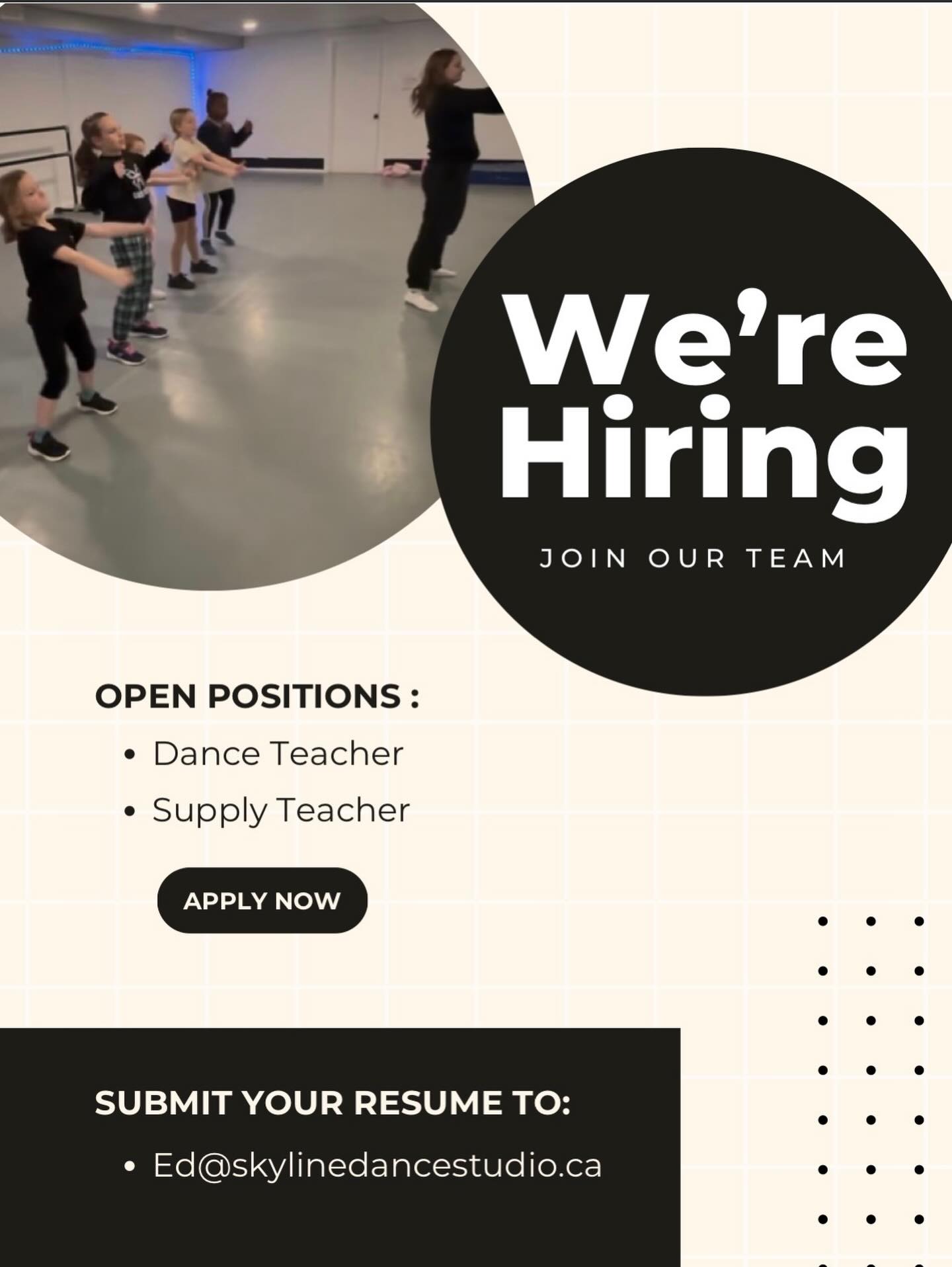 We’re growing and looking for passionate, energetic instructors to join our team 💫
If you love working with dancers and want to be part of a supportive, fun studio environment, we’d love to hear from you!