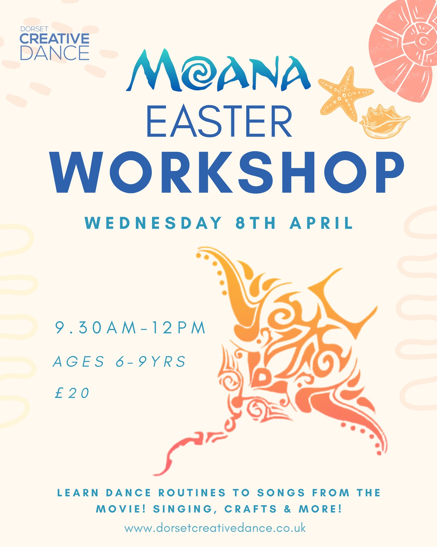 🌺🌊 Moana Easter Dance Workshop 🌊🌺
Looking for a fun and creative activity for your child this Easter? Join us for our Moana themed Dance Workshop for children ages 6–9! ✨
During this magical workshop, children will:
🌞 Learn fun and energetic dance routines to songs from the film
🎶 Sing along to their favourite Moana music
🎨 Get creative with island-inspired crafts
🫶🏻 Make new friends and grow in confidence and creativity
This workshop is perfect for children who love dancing, music, performing and getting creative. No experience needed; just bring energy, imagination and a love for adventure 🪸🐚
Book through our website: www.dorsetcreativedance.co.uk
Got a question: info@dorsetcreativedance.co.uk