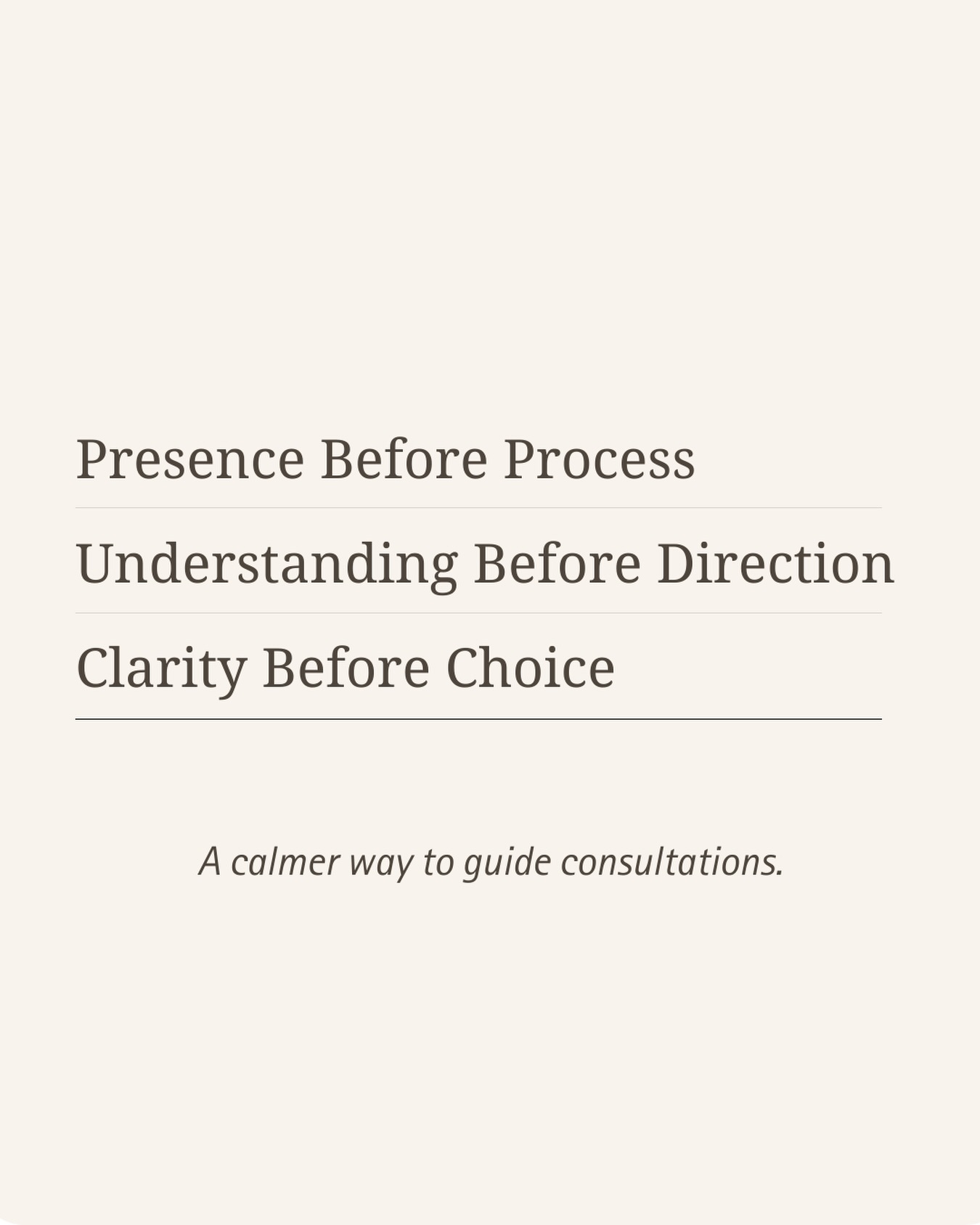 These principles form the beginning of the consultation framework.
Rather than rushing into options or solutions, the focus becomes:
• establishing presence
• understanding the woman
• simplifying the decision
When clarity replaces confusion, consultations become calmer for everyone involved.