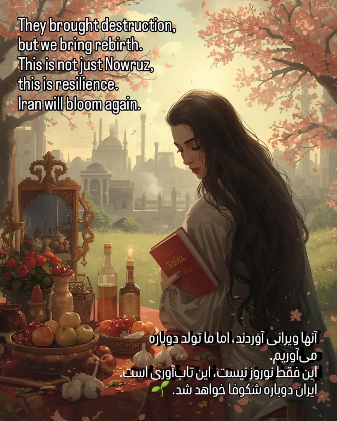 This Nowruz…
in the midst of loss, we choose to remember who we are.
A people of poetry, of light, of rebirth.
Even as the world around us shakes,
we hold onto our roots, our culture, our soul.
Because spring always comes —
even after the darkest winter.
And so will a new Iran.
Blessed Nowruz 🌱✨
نوروز امسال…
در میانِ این همه فقدان، انتخاب میکنیم که به یاد بیاوریم که چه کسانی هستیم.
مردمی از جنس شعر، نور و دوبارهزایی.
حتی وقتی دنیای اطرافمان میلرزد،
ما به ریشههایمان، فرهنگمان و روحمان چنگ میزنیم.
چون بهار همیشه از راه میرسد،
حتی پس از تاریکترین زمستان.
و ایرانِ نو نیز از راه خواهد رسید.
نوروز پیروز🌱✨
#iran #نوروز۲۵۸۵ #nowruz #freeiran #سال_نو