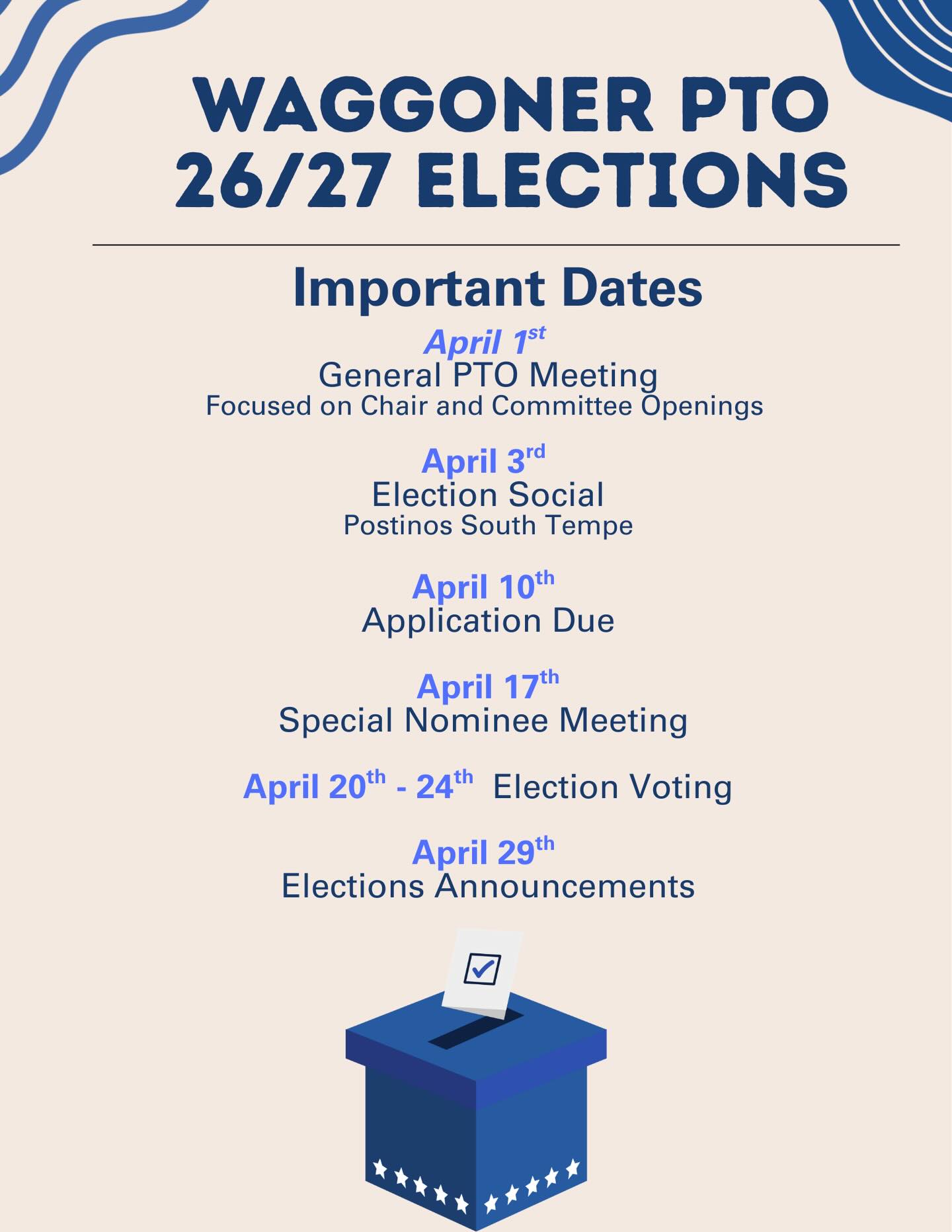 Mark your calendars for upcoming dates regarding PTO elections for next year!
In addition to the board positions, there are “members at large” who lead and oversee different areas of our PTO and school community.
A social/mixer will take place at Postino on April 3 with the opportunity to ask more questions and talk with former and current members about events, committees, ideas, etc. More information on this to come!