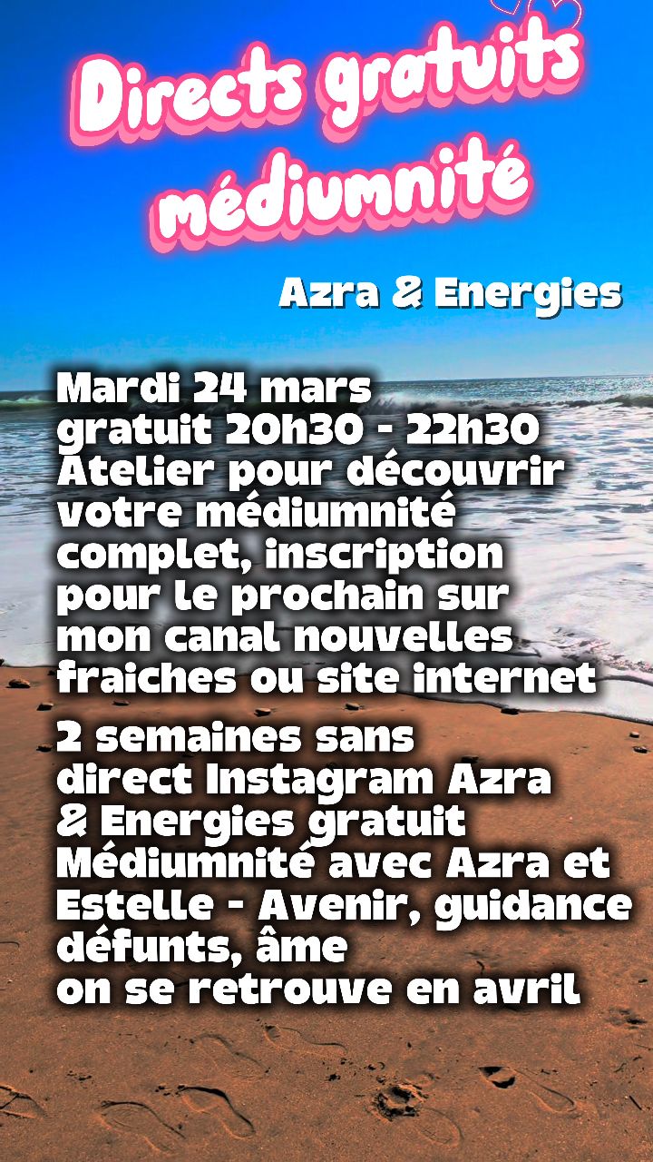 Les ateliers gratuits pour decouvrir votre #mediumnité sont un moyen privilegié de passer du temps avec vous en petit groupe avant de vous voir en stage ou dans le cercle (abonnement), le prochain de libre est pour avril.
Pensez à liker, c'est important 😉
Bises Azra