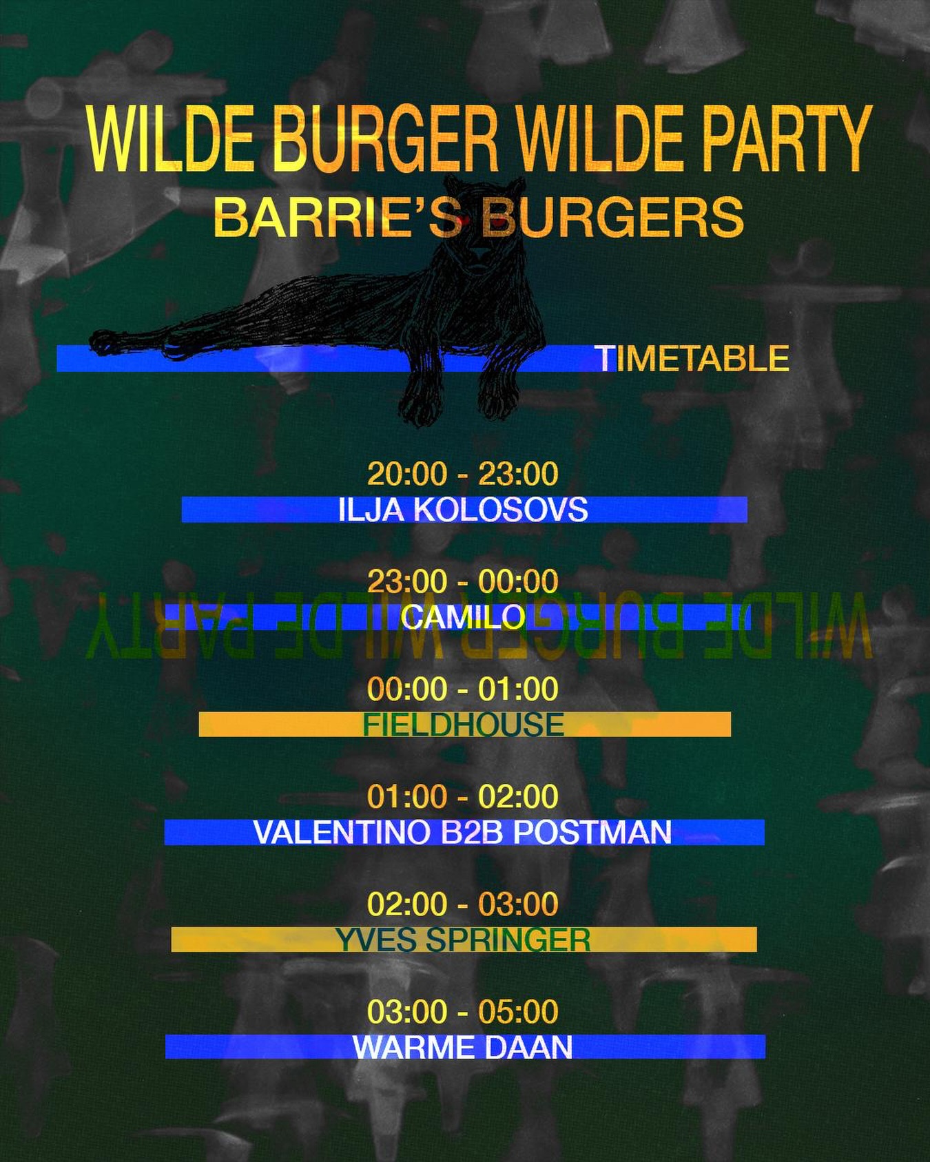 TIMETABLE
-WILDE BURGER-
WILD ZWIJN
VIJGEN MOSTERD MAYO
COMTÉ
GEKARAMELISEERDE UI IN BEENMERG
ZUUR
-WILDE PADDENSTOEL BURGER-
(V)