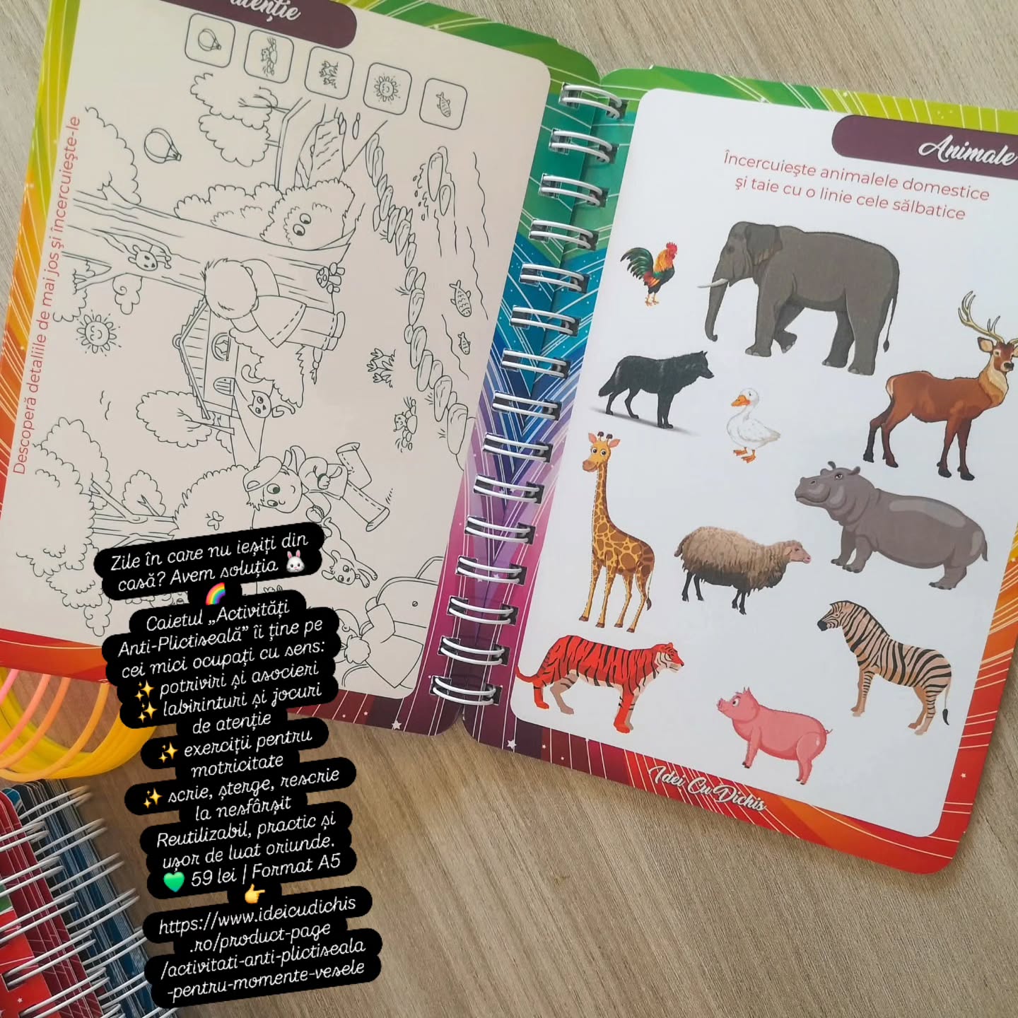 Zile în care nu ieșiți din casă? Avem soluția 🐰🌈
Caietul „Activități Anti-Plictiseală” îi ține pe cei mici ocupați cu sens:
✨ potriviri și asocieri
✨ labirinturi și jocuri de atenție
✨ exerciții pentru motricitate
✨ scrie, șterge, rescrie la nesfârșit
Reutilizabil, practic și ușor de luat oriunde.
💚 59 lei | Format A5
👉 https://www.ideicudichis.ro/product-page/activitati-anti-plictiseala-pentru-momente-vesele