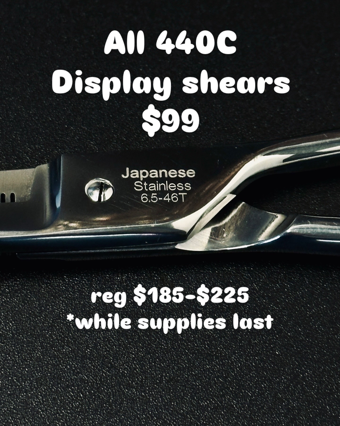 All 440C Shears, Thinners and chunker Display Samples are on Sale!! $99 each no limits. Reg $185-$225! All lengths available.
Some thinners and chunkers are not on website so ask if you need a particular one we probably have it in stock.
*only while supply lasts. #hair #behindthechair #hairstylist #hairsalon #professionalshears #hairshears #japanesesteel #btshears