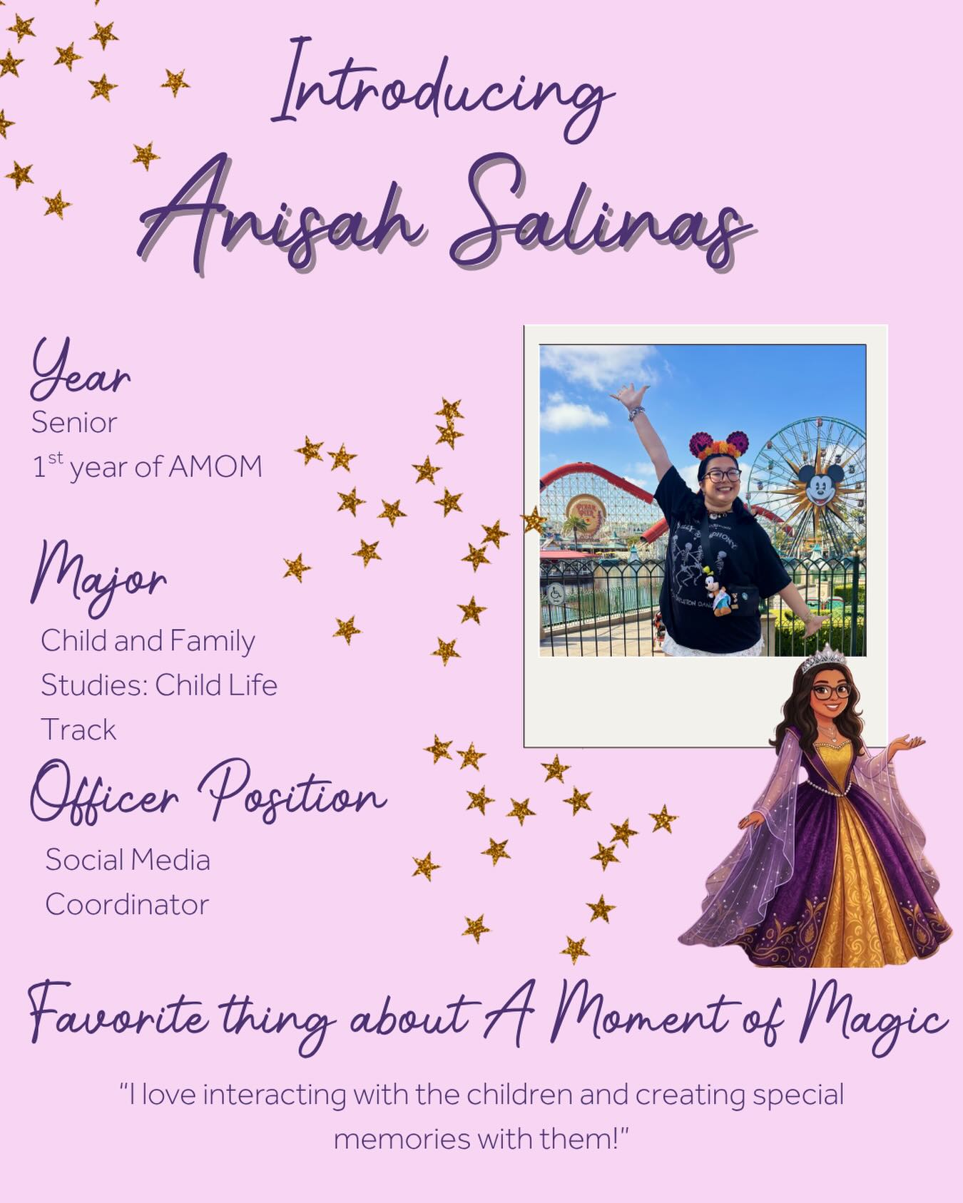 This Monday we are introducing our Social Media Coordinator!
Meet Anisah Salinas, she is a Senior who is majoring in Child and Family Studies. This is her 1st year serving in AMOM. Thank you for making our page magical! 💜✨