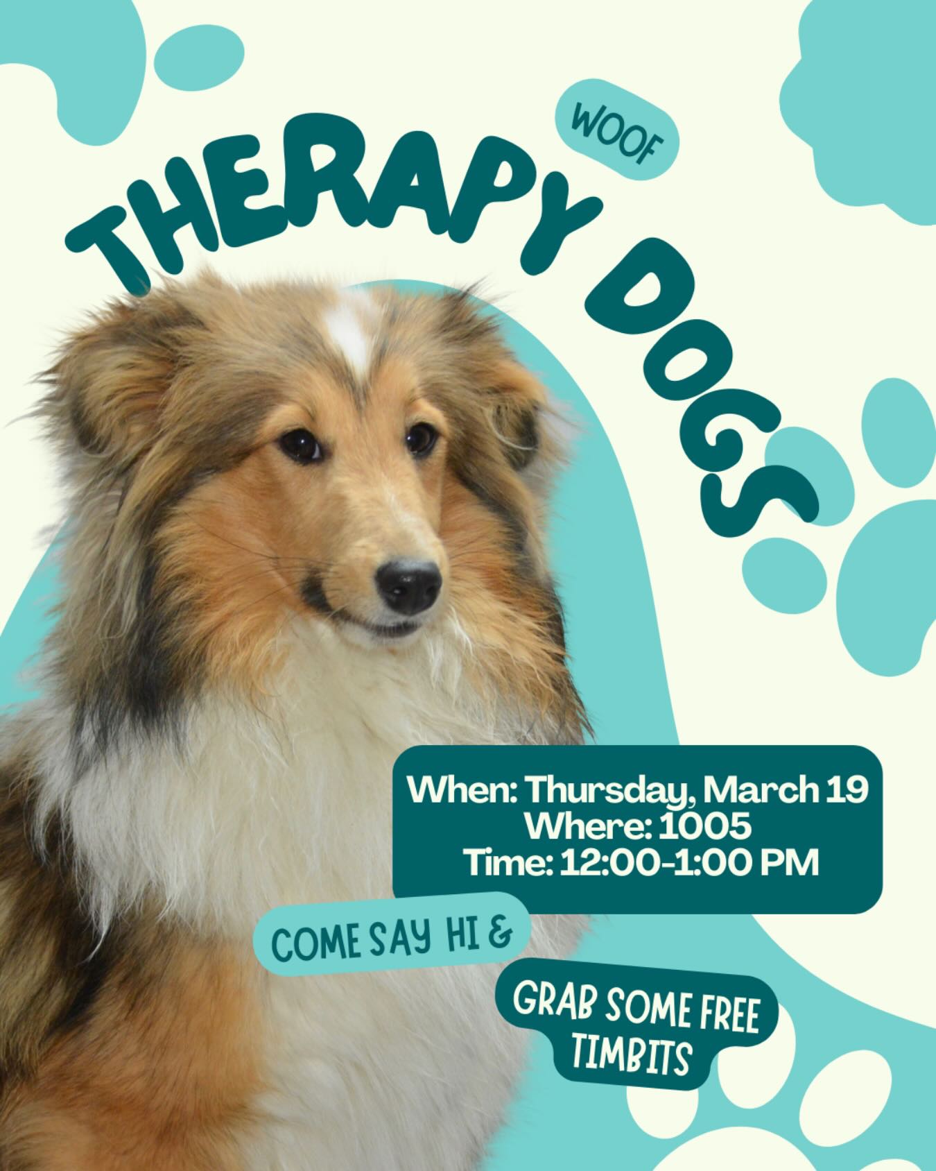 🐶 Therapy dogs are back this Thursday in room 1005 from 12pm-1pm! Make sure to drop by and say hi! 🐶