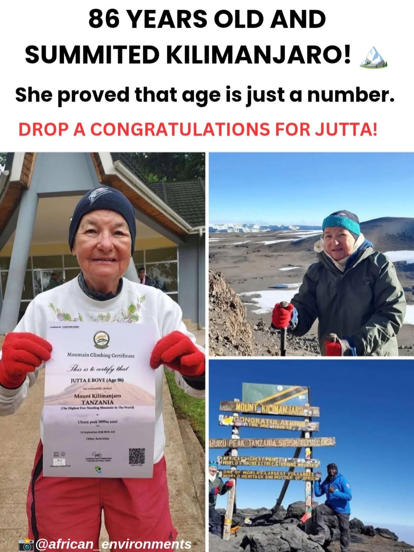 Aldur er bara tala. Jutte 86 ára gömul kona toppaði Kilimanjaro. Aldurshópurinn sem við höfum farið með á Kilimanjaro er 29-78 ára ❤️ Næsta ferð er janúar 2027. Tryggðu þér síðustu sætin hér 👉 https://www.ferdasetrid.is/kilimanjaro27