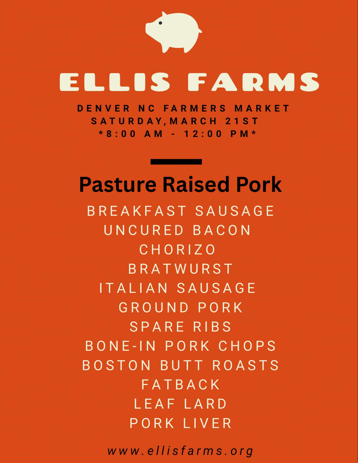 Tomorrow at the Denver, NC Farmers Market we will be stocked up with all of your favs to get you ready for those smokers and grills as we jump into spring! 🌷Come see us at Denver Baptist Church from 9am until 12pm. 🐖 @denver_nc_farmers_market