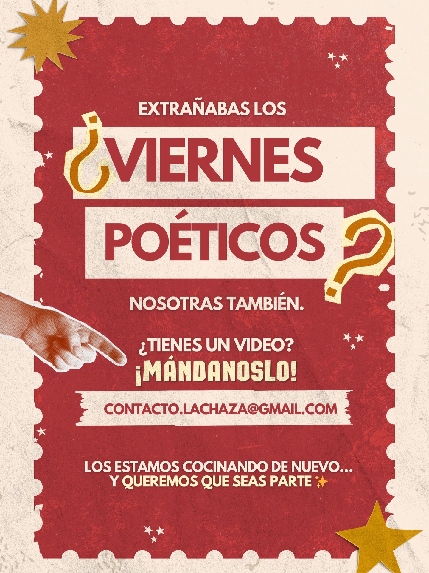 Muy pronto vuelven los #ViernesPoéticos ✨
y queremos que sigan siendo suyos.
📝🗣️Si escribes, si recitas, si tienes un video guardado que merece ser escuchado: mándanoslo.
Y si conoces a alguien que también debería estar aquí, compártele esto 🤍
Puedes enviarlo a nuestro correo: contacto.lachaza@gmail.com 📩
Estamos armando algo lindo, con cariño y con intención 💫
Pronto les contamos en qué viernes nos volvemos a ver… no podemos esperar ✨