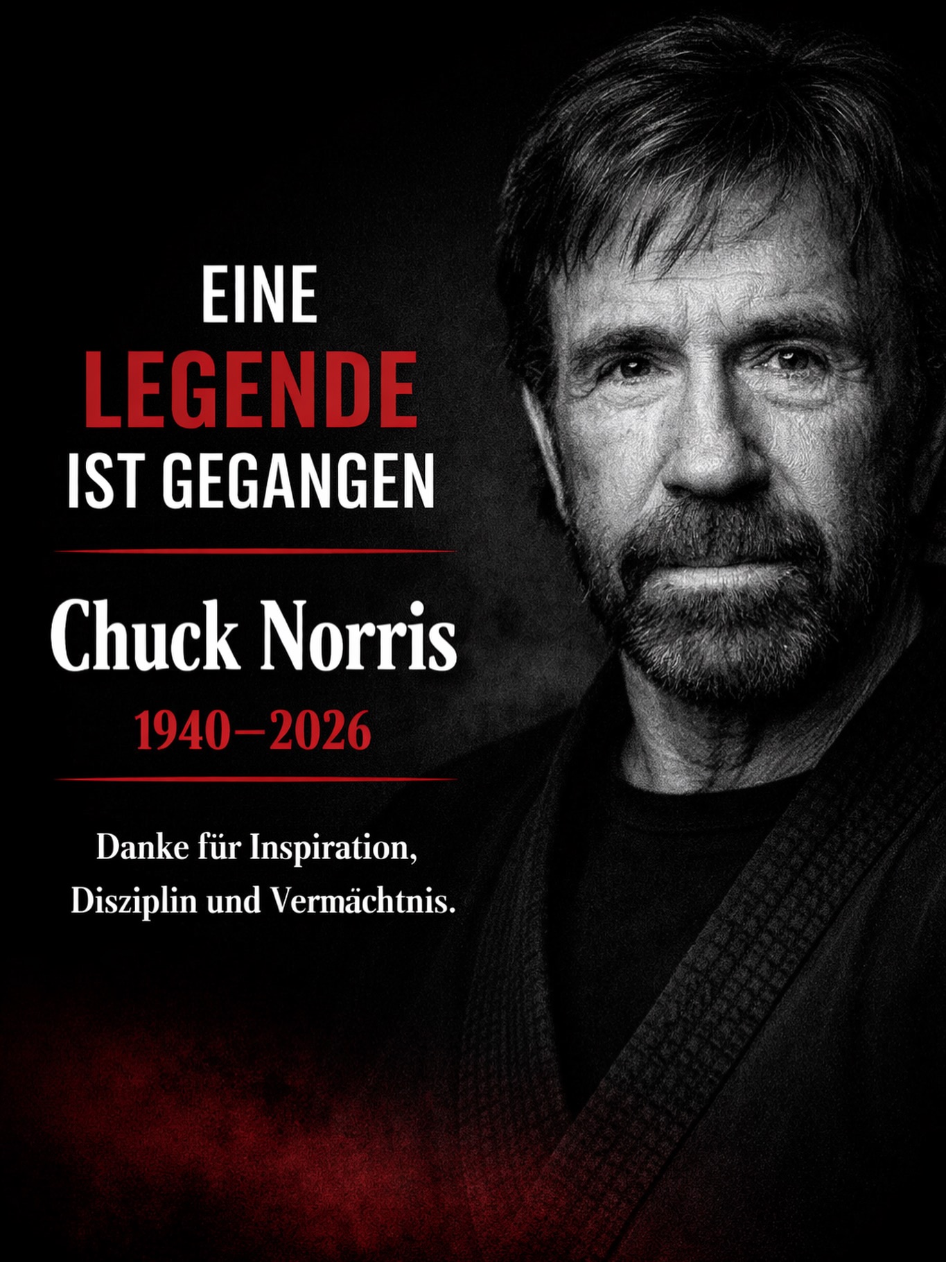 Heute nehmen wir Abschied von einer echten Legende.
Chuck Norris hat die Welt der Kampfkunst über Jahrzehnte geprägt und Generationen inspiriert.
Sein Name steht für Disziplin, Stärke, Haltung und Konsequenz.
Auch bei INSPIRE glauben wir daran, dass wahre Größe nicht nur in Kraft liegt, sondern in Charakter, Respekt und innerer Stärke.
Ruhe in Frieden, Chuck Norris.
Dein Vermächtnis bleibt.
#ChuckNorris #RIPChuckNorris #Kampfkunst #INSPIREMartialArts #Disziplin Respekt Stärke Legende Inspiration