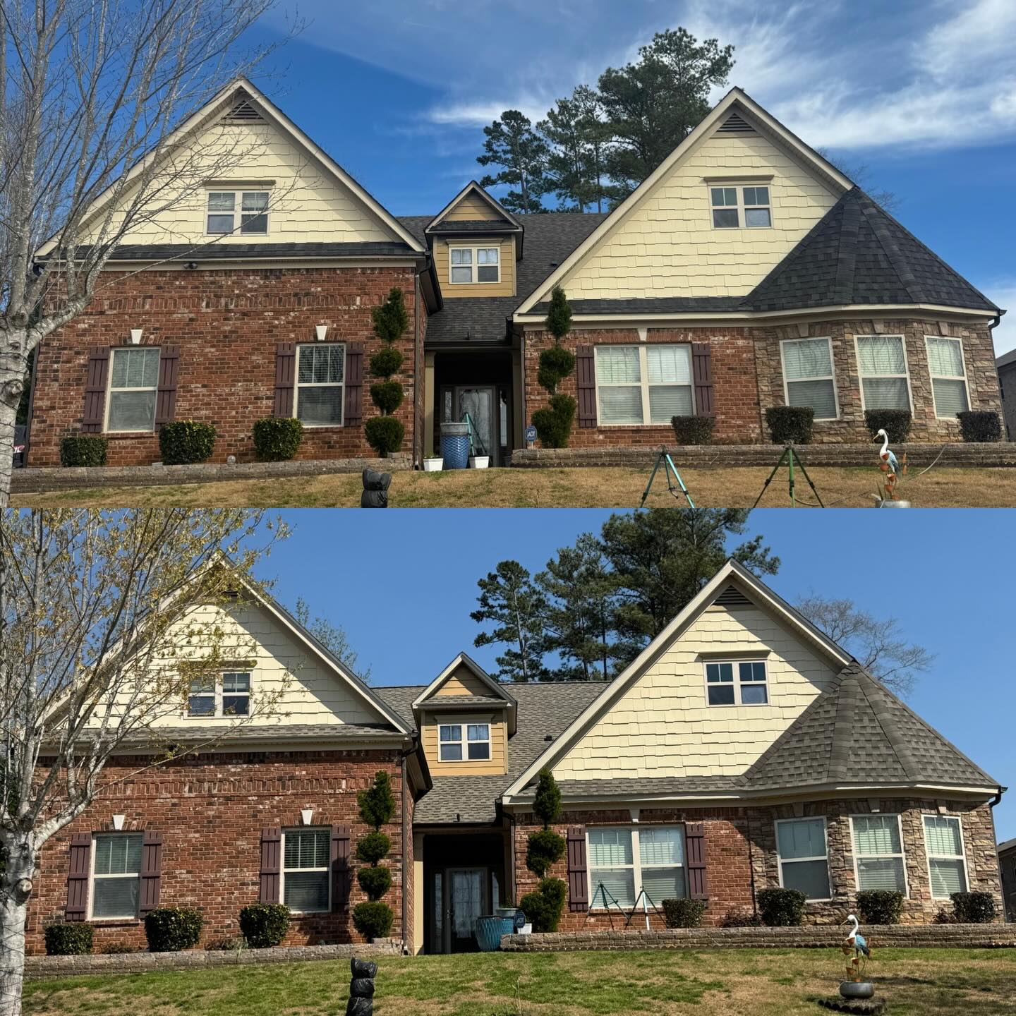 Before and after photos of a New GAF Timberline HDZ Weathered Wood Shingle Installment… #roofing #gafroofing