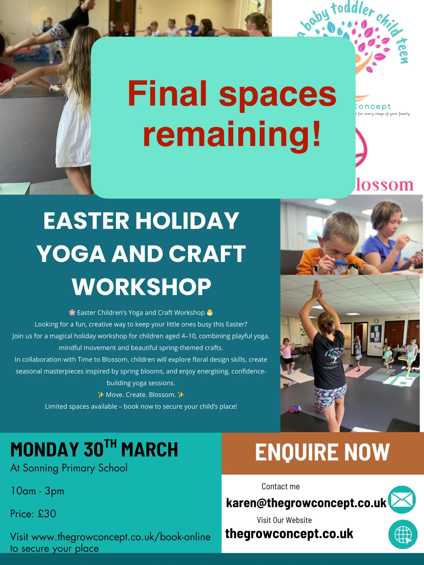 Easter holiday workshops - Charvil is now SOLD OUT.
There are the last few spaces remaining on the workshop taking place at Sonning Primary School on Monday 30th March.
Dates for May half term and the summer holidays are now also available to book on the website.
#thegrowconcept #easterholidays #charvil #sonning #holidayclubs