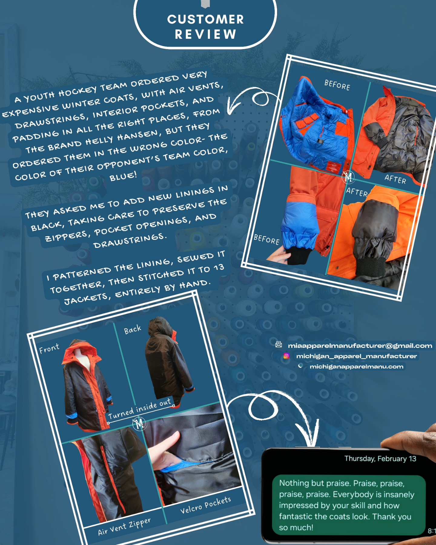 The Compuware Youth Hockey team needed to replace the linings in their winter jackets- before the next big game. Several other sewing professionals refused, saying it was too difficult. I was able to pattern & hand stitch 13 jacket linings in place, in 5 different sizes, and I finished just in time before they took off to their next game!
Swipe to see the outside of the jacket.
#ClientTestimonial #SmallBatchProduction #StartupSupport