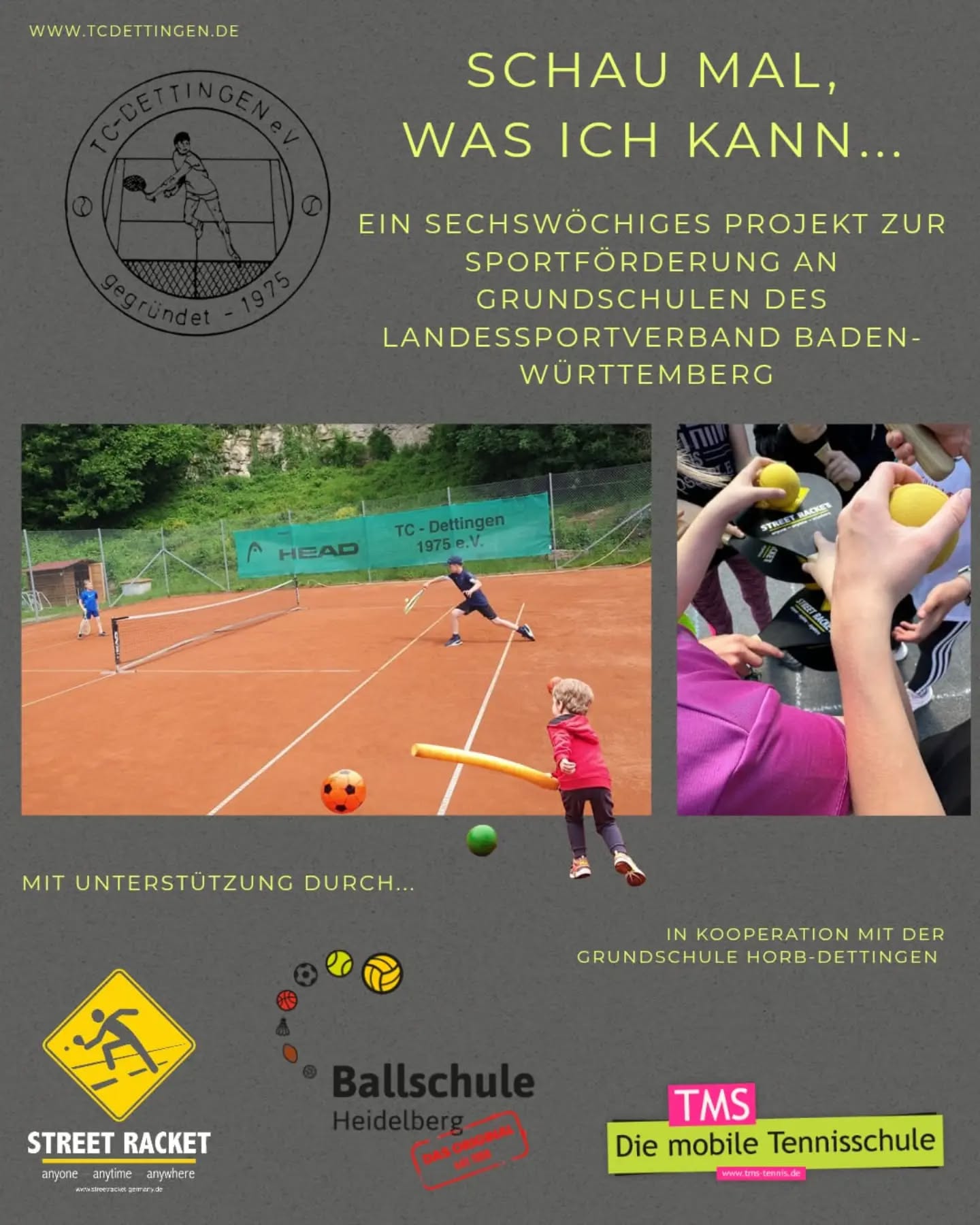 „Schau mal, was ich kann!“ hat an der Grundschule Horb-Dettingen im März 2026 begonnen. Gefördert wird das Projekt @lsvbw und dem Land BaWü. Hierbei kooperieren Grundschulen mit Sportvereinen beziehungsweise Sportfachverbänden, qualifizierte Trainerinnen und Trainer begleiten die Sportlehrkräfte im regulären Sportunterricht und bringen „ihre“ Sportart altersgerecht und motivierend den Grundschülerinnen und Grundschülern näher. Sechs Wochen mit drei Wochenstunden übernimmt der Coach des Vereins den Sportunterricht, gemeinsam mit den Sportlehrkräften der Schule. In Dettingen nutzt TCD Coach Frercks Hartwig seine Erfahrungen mit @ballschule_heidelberg und @street_racket zur Hinführung zum Rückschlagspiel Tennis. Den krönenden Anschluss bildet am 6. Mai der Schulwettbewerb im Tennis @jugendtrainiert in Baiersbronn. #lsvbw #württembergischertennisbund #tcdettingen_horb #Ballschule #streetracket_germany